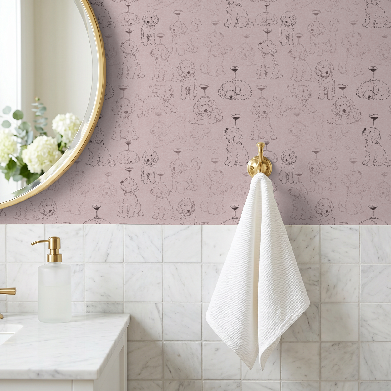Playful dog wallpaper with coupe glasses on soft pink in elegant bathroom.
