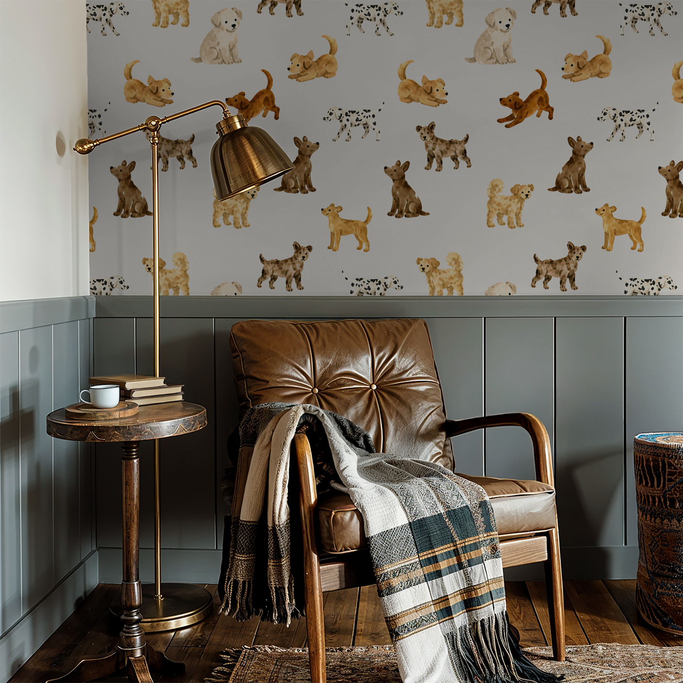 Playful dog wallpaper with watercolor puppies in cozy reading nook.
