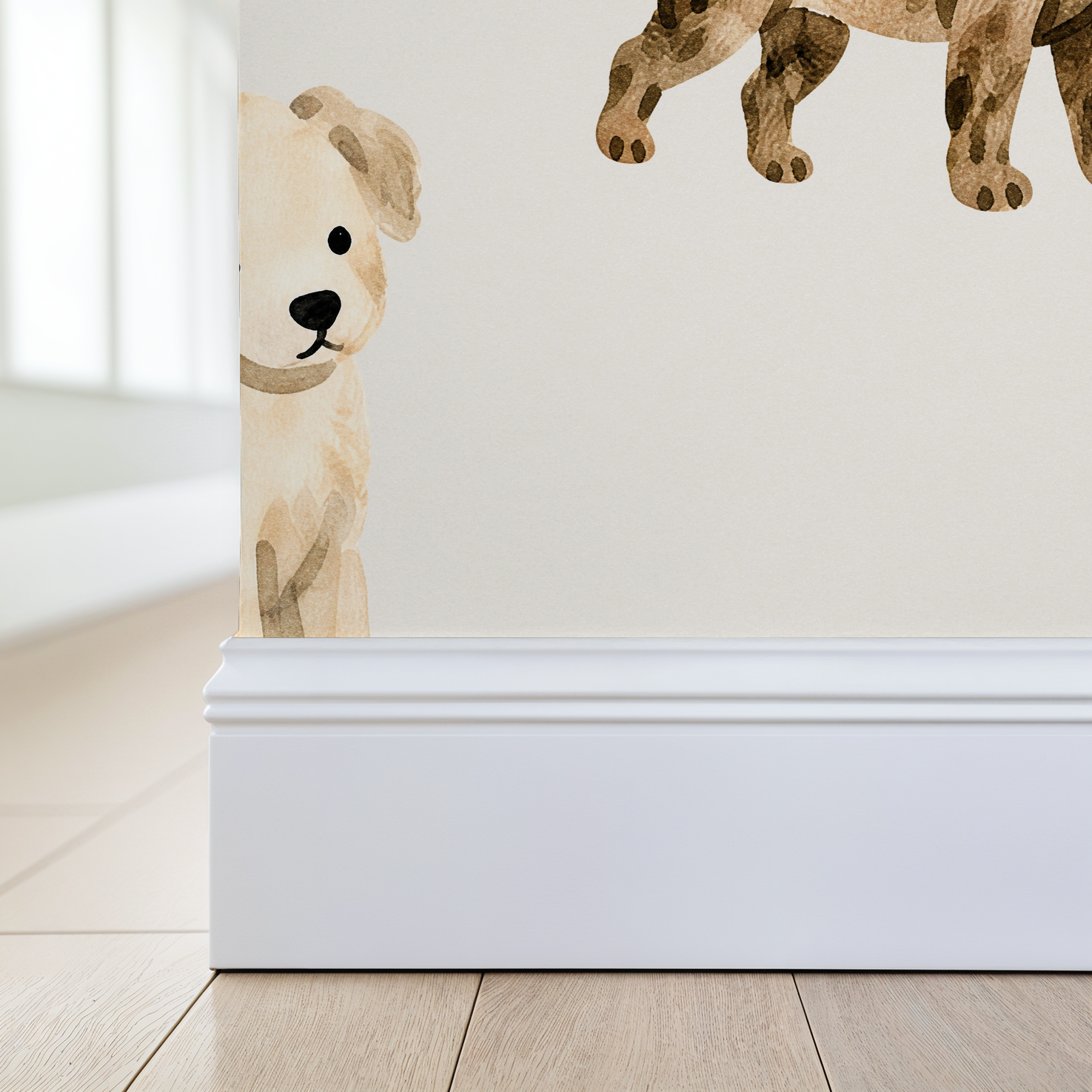 Playful dog illustrations on watercolor wallpaper in a bright room.