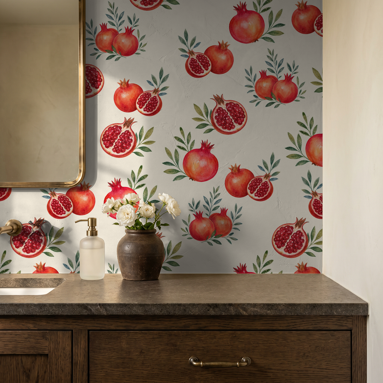 Pomegranate watercolor wallpaper in rustic bathroom with wooden vanity.