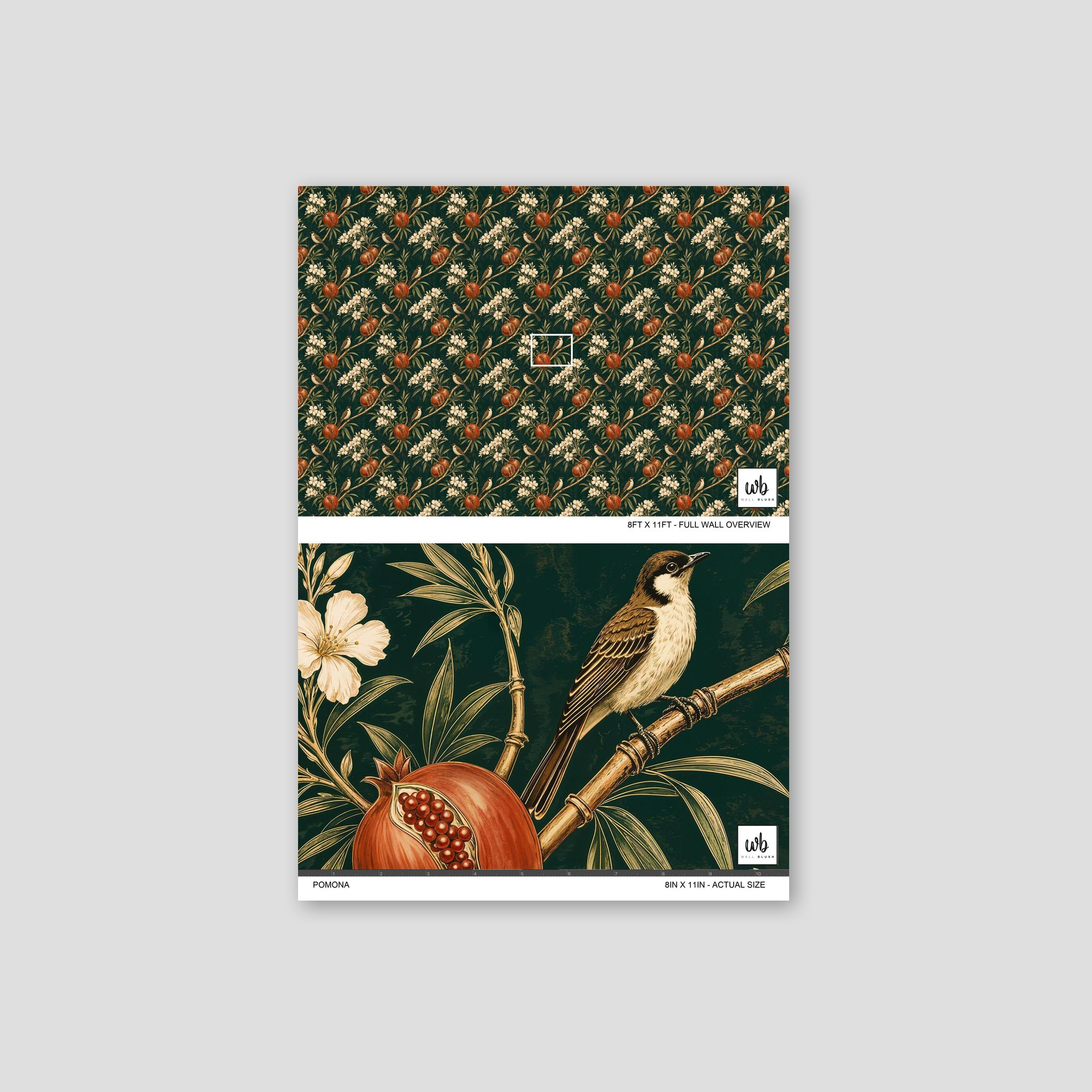 Pomona wallpaper with birds, pomegranates, and floral pattern in green and earthy tones.