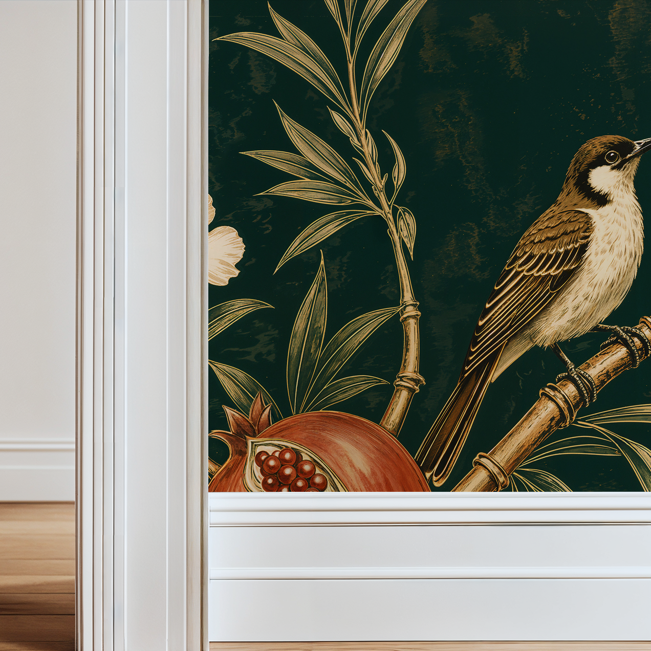 Pomona wallpaper with bird, pomegranate, and bamboo on dark green background