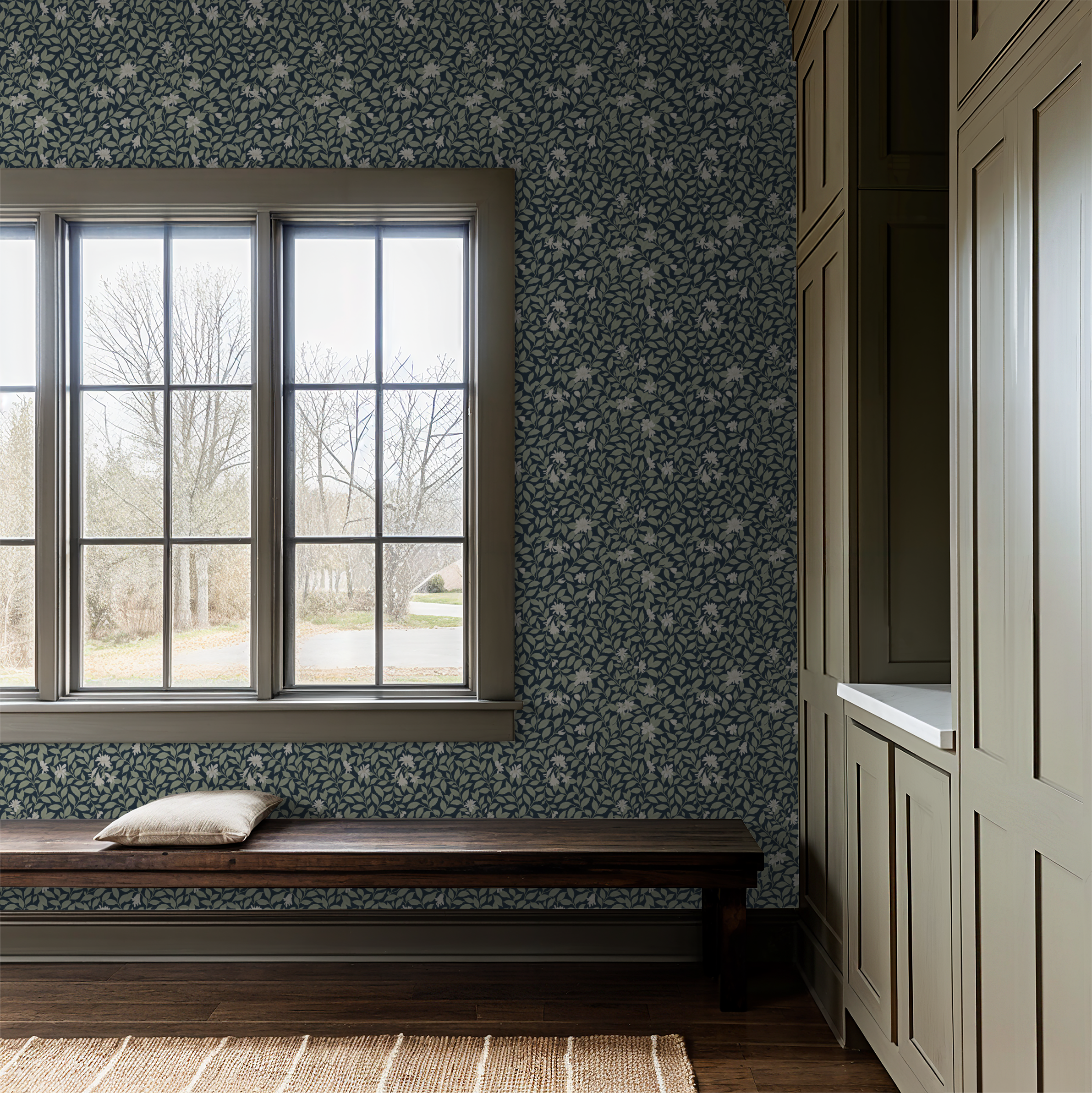 Poppy Honeysuckle Small (Navy) Wallpaper