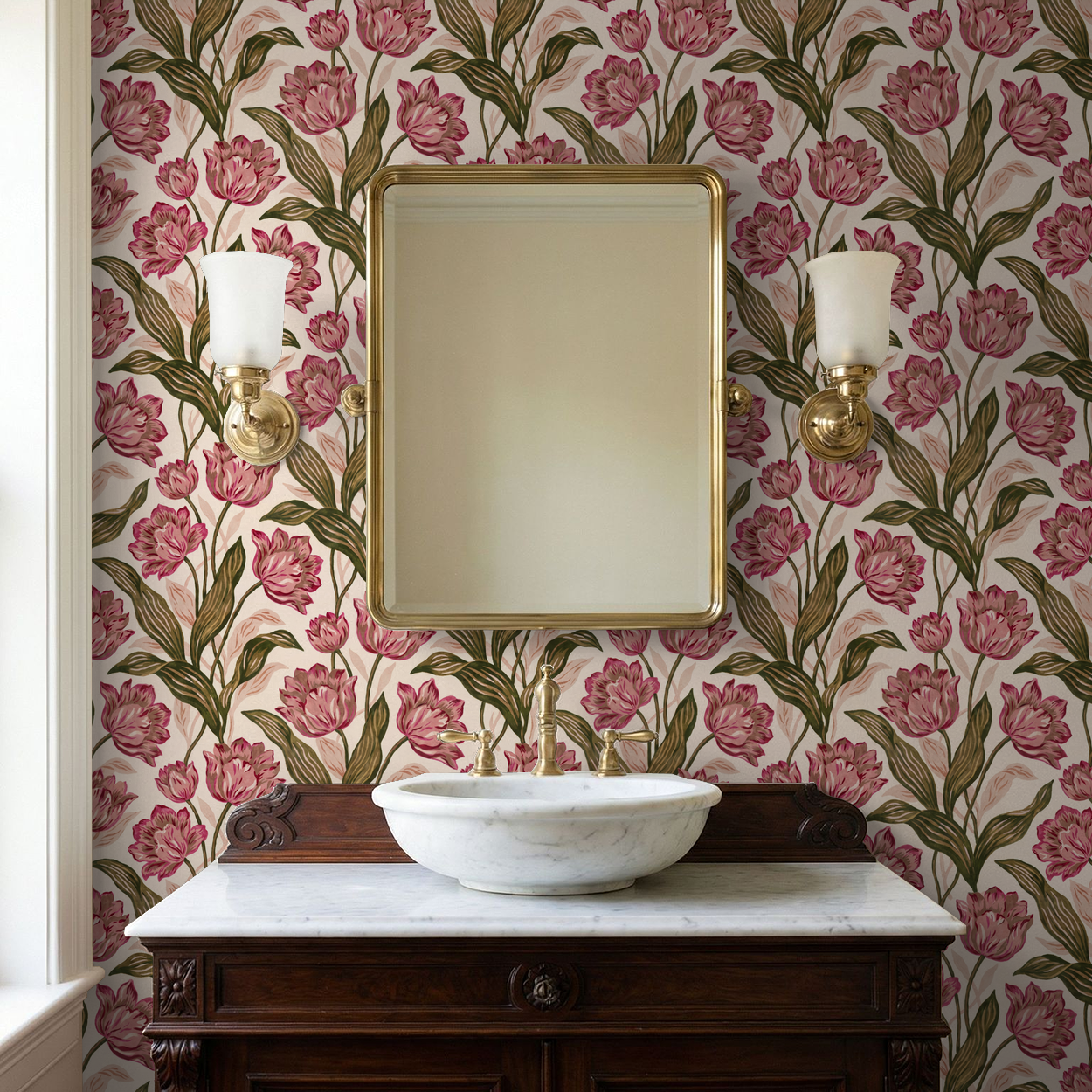 Provence wallpaper with pink floral pattern in elegant bathroom setting.