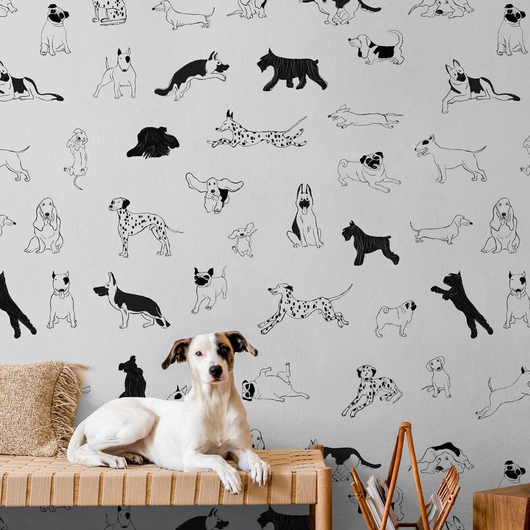 Wall Blush's Puppy Love Wallpaper featured in cozy modern living room, stylish decor highlight.