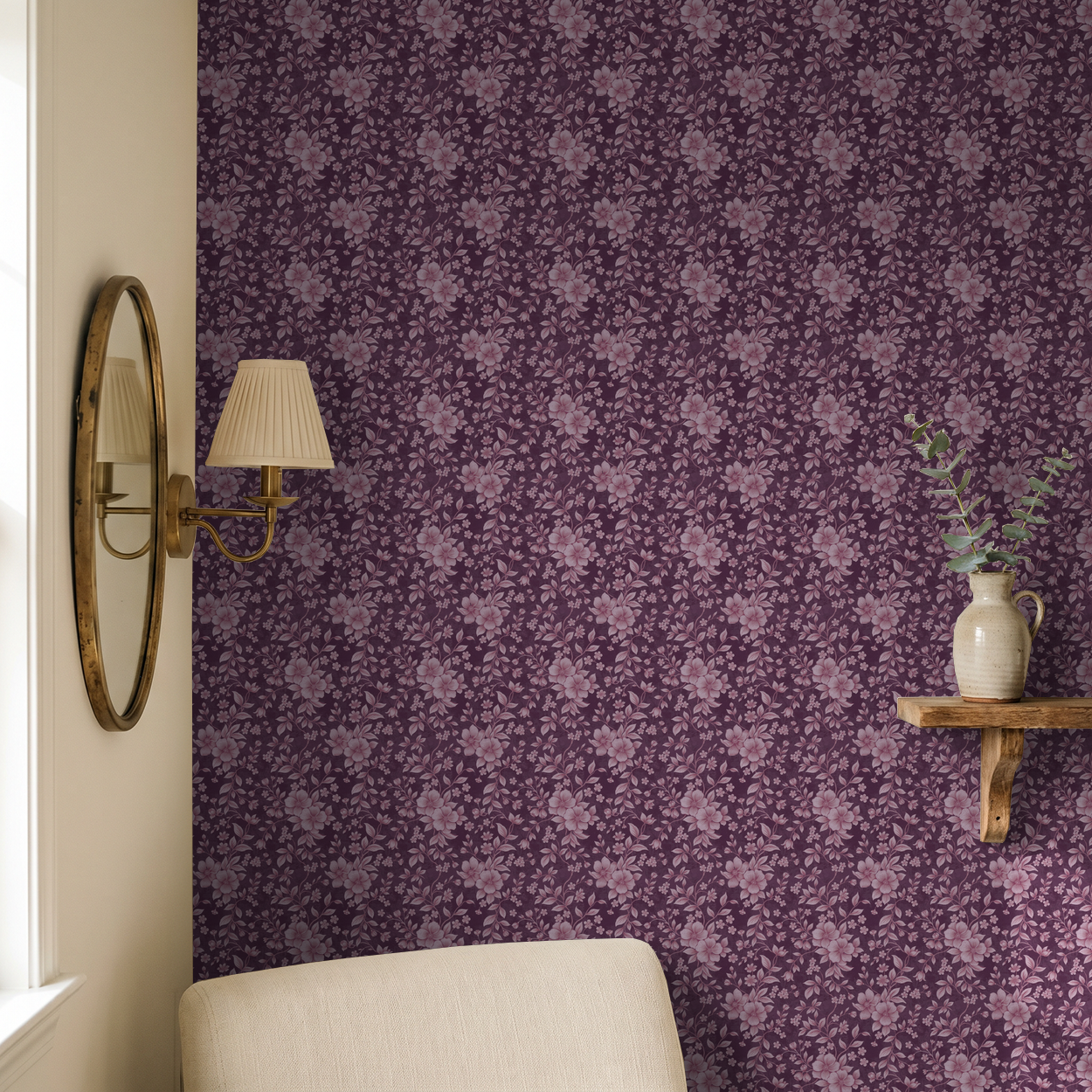 Purple floral wallpaper with pink flowers in elegant room setting.