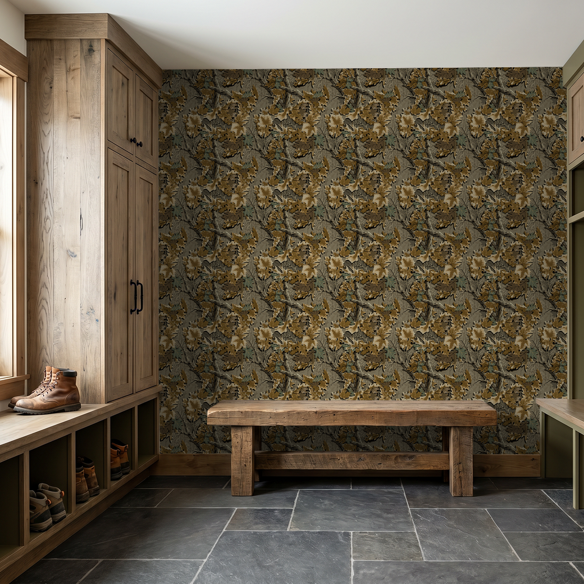 Rustic entryway with Realtree Advantage foliage wallpaper in earthy tones.