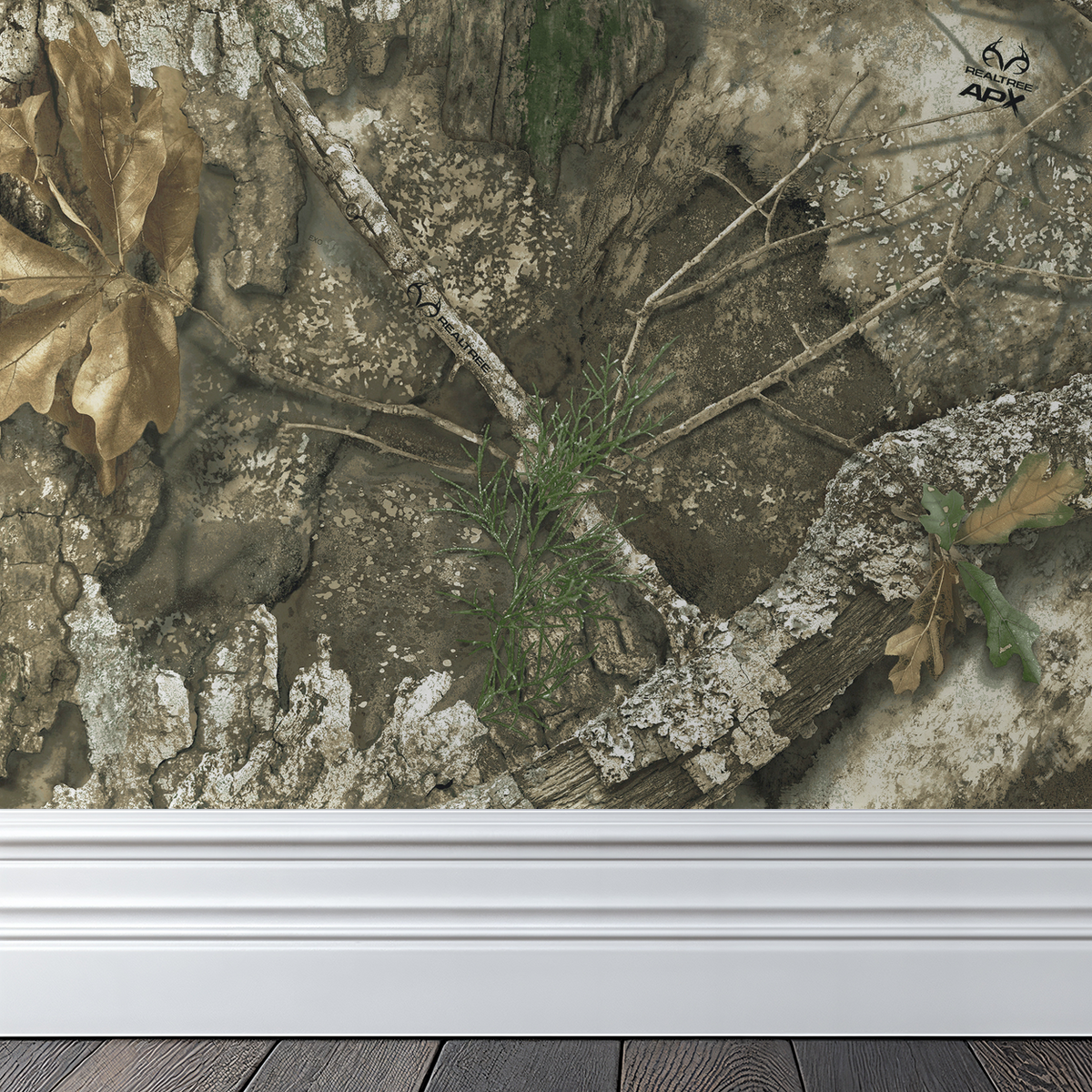Realtree APX wallpaper with bark and leaf pattern in earthy tones.