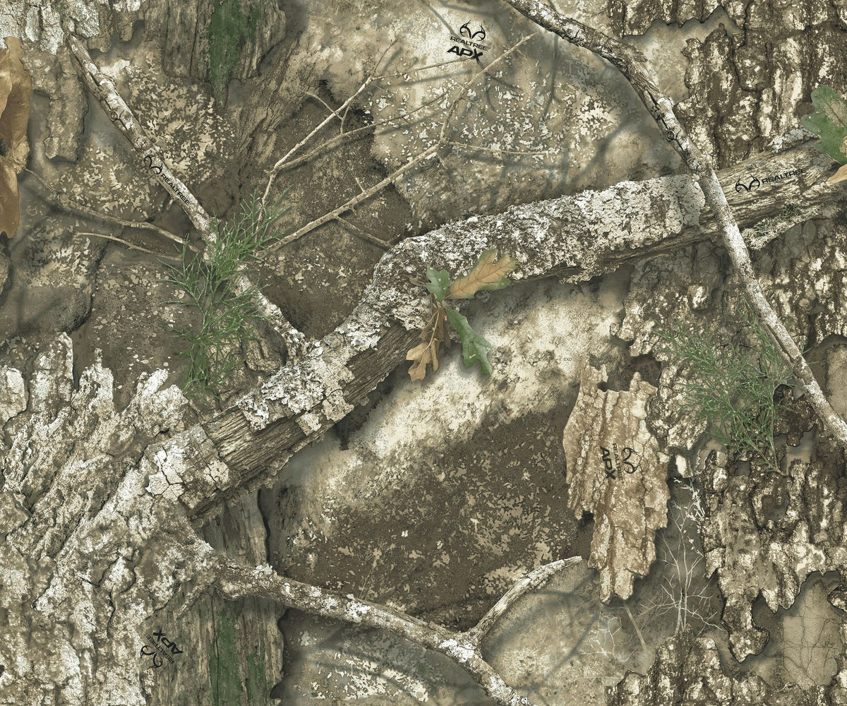Realtree APX wallpaper with bark and leaves in earthy tones, nature-inspired pattern.