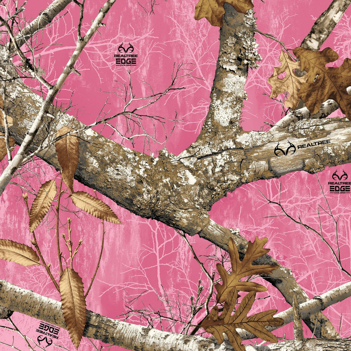 Realtree Edge wallpaper with brown branches and leaves on pink background.