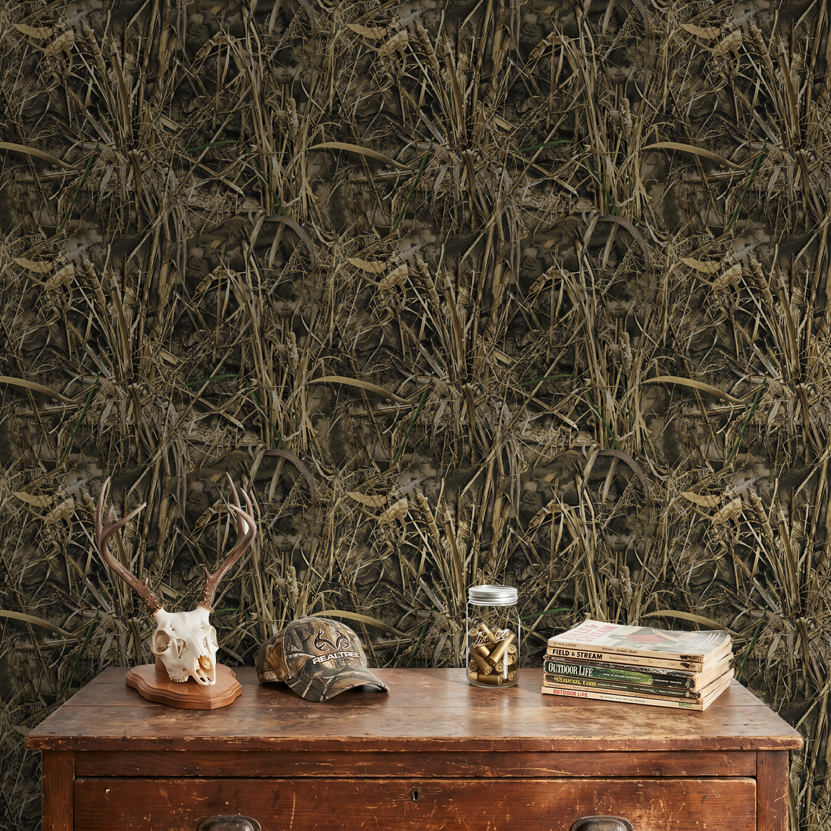 Realtree MAX wallpaper with reeds and grasses in rustic room setting.
