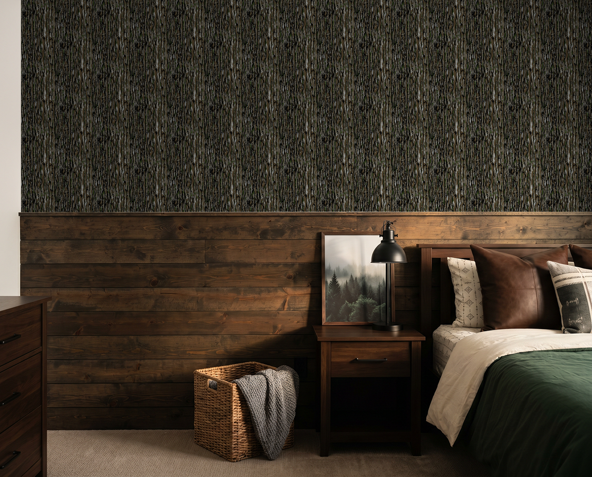 Realtree® Original wallpaper with bark pattern in rustic bedroom setting.