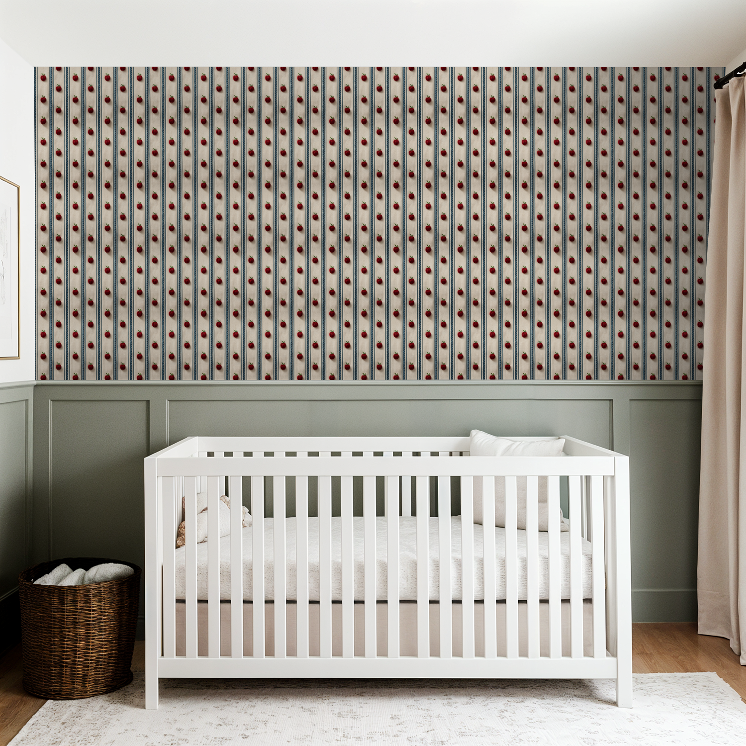 Nursery with red apple and blue stripe wallpaper, white crib, cozy decor.