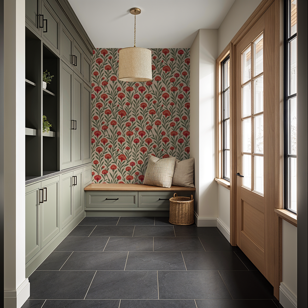 Red floral wallpaper in cozy entryway with green cabinetry and seating.