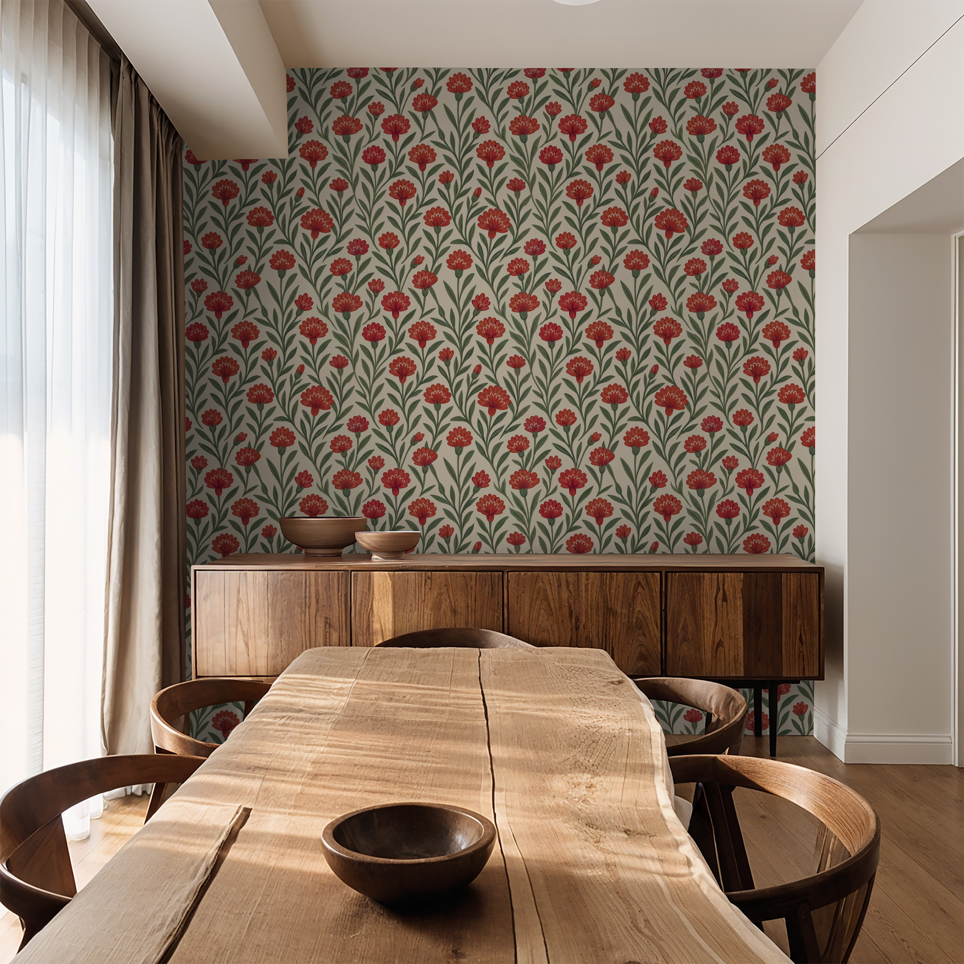 Red floral wallpaper with cream background in a rustic dining room setting.