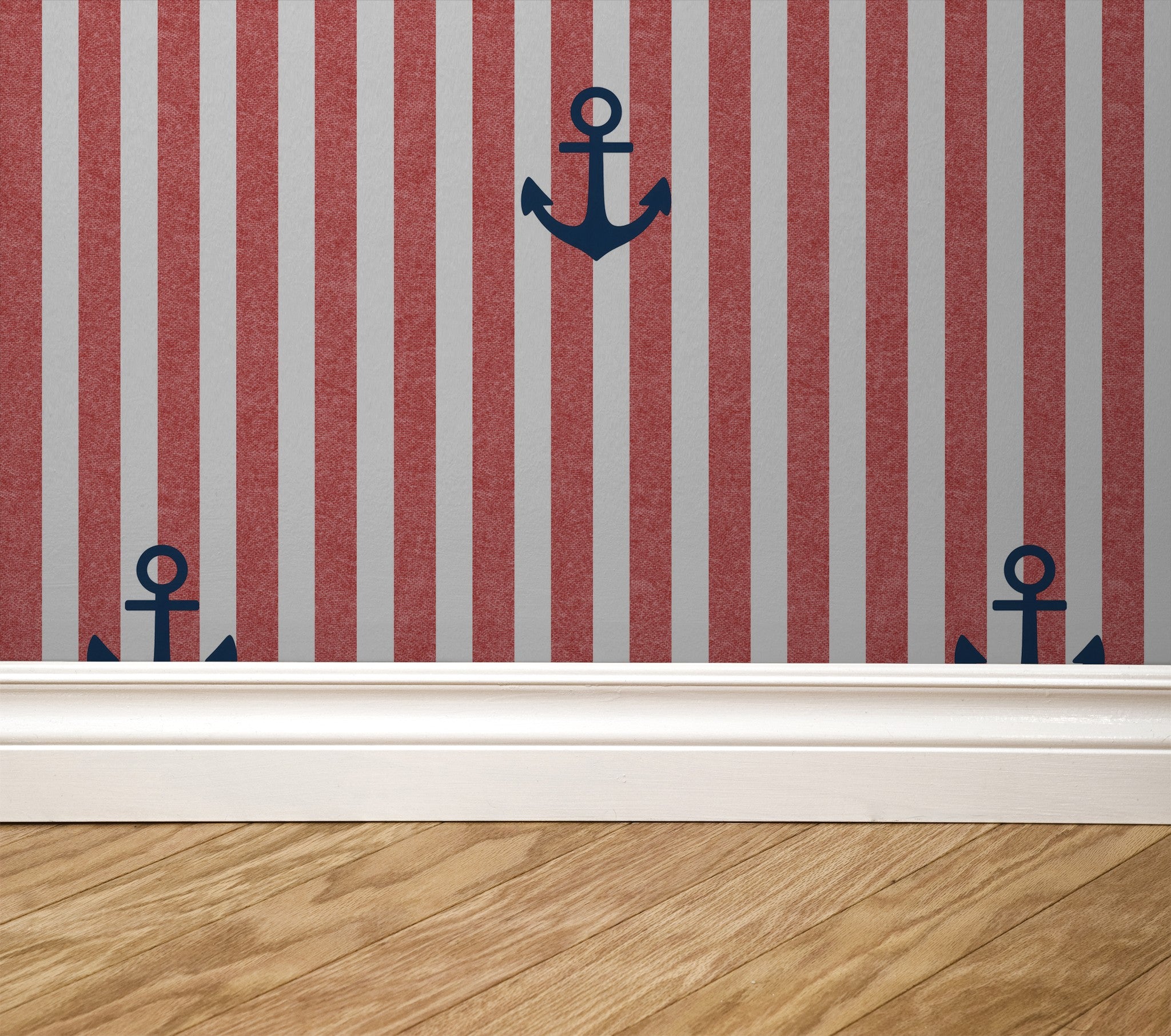 Red and white striped wallpaper with blue anchors in a nautical theme.