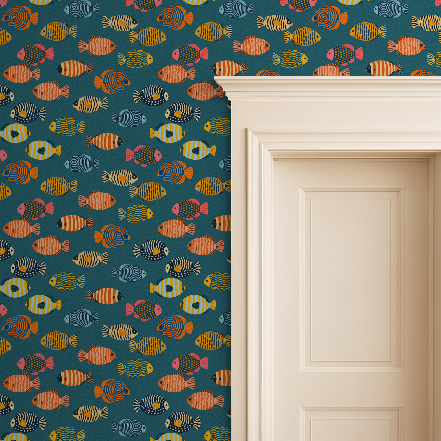 Colorful fish pattern wallpaper on teal background in a playful room setting.