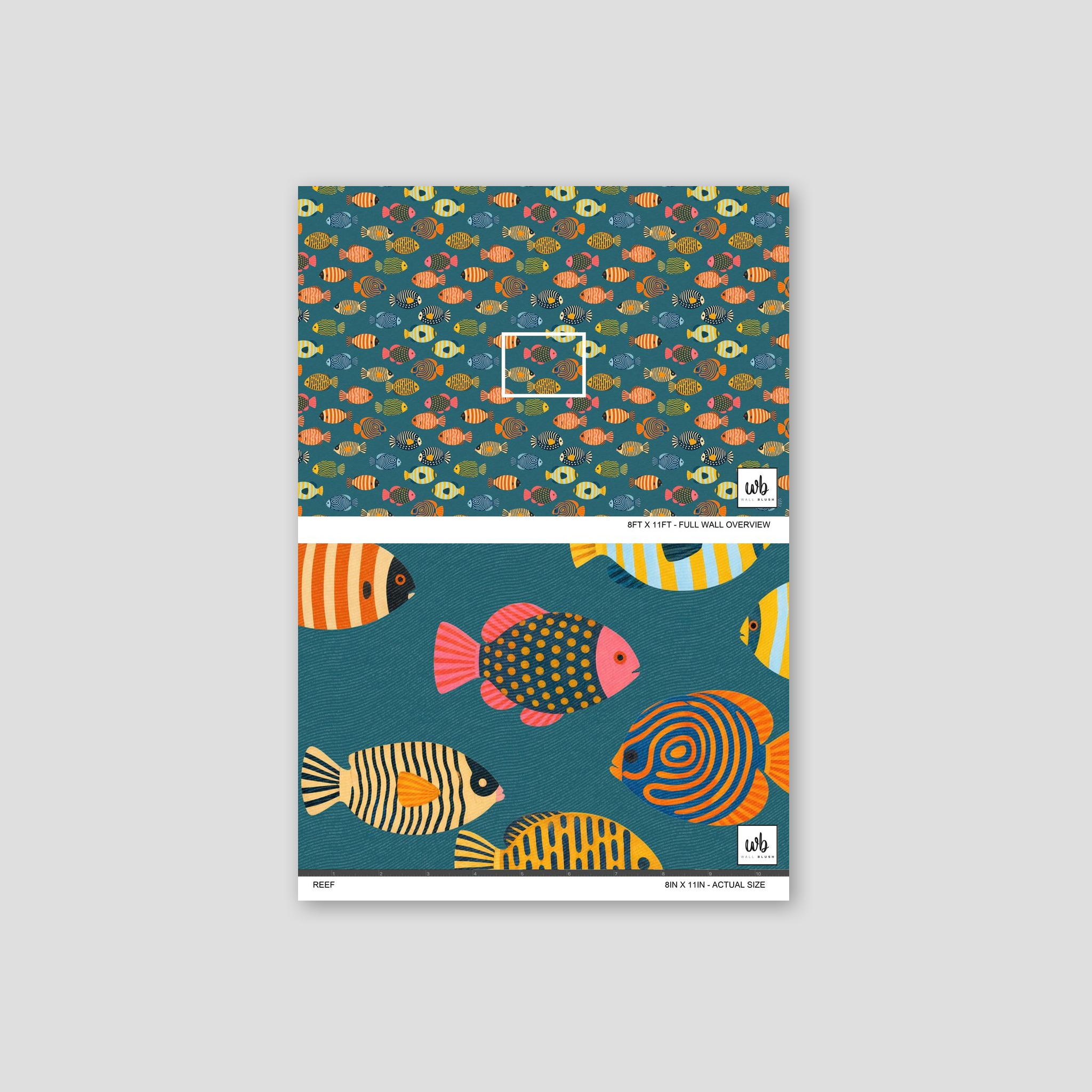 Colorful fish pattern on teal wallpaper, vibrant and playful design.