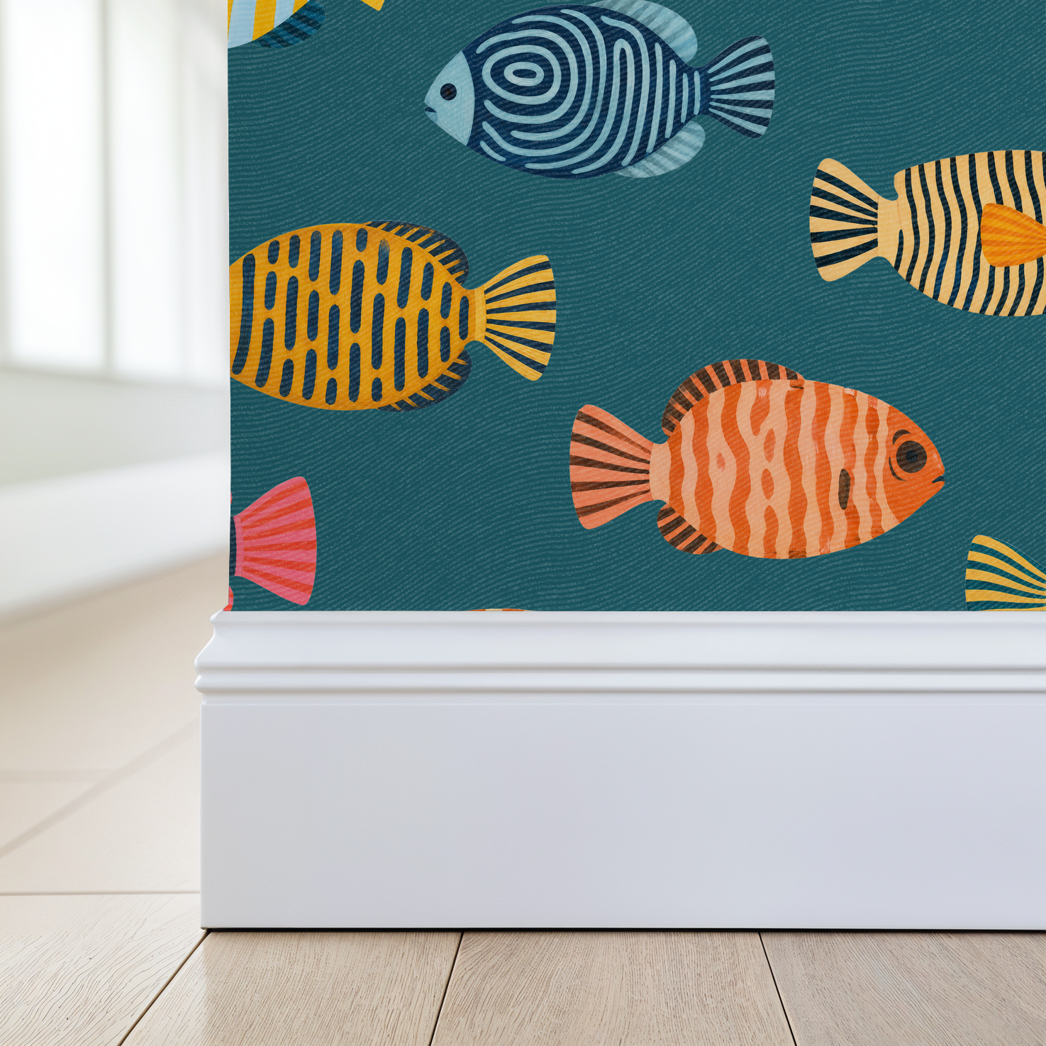 Colorful fish pattern on teal wallpaper in a modern room setting.