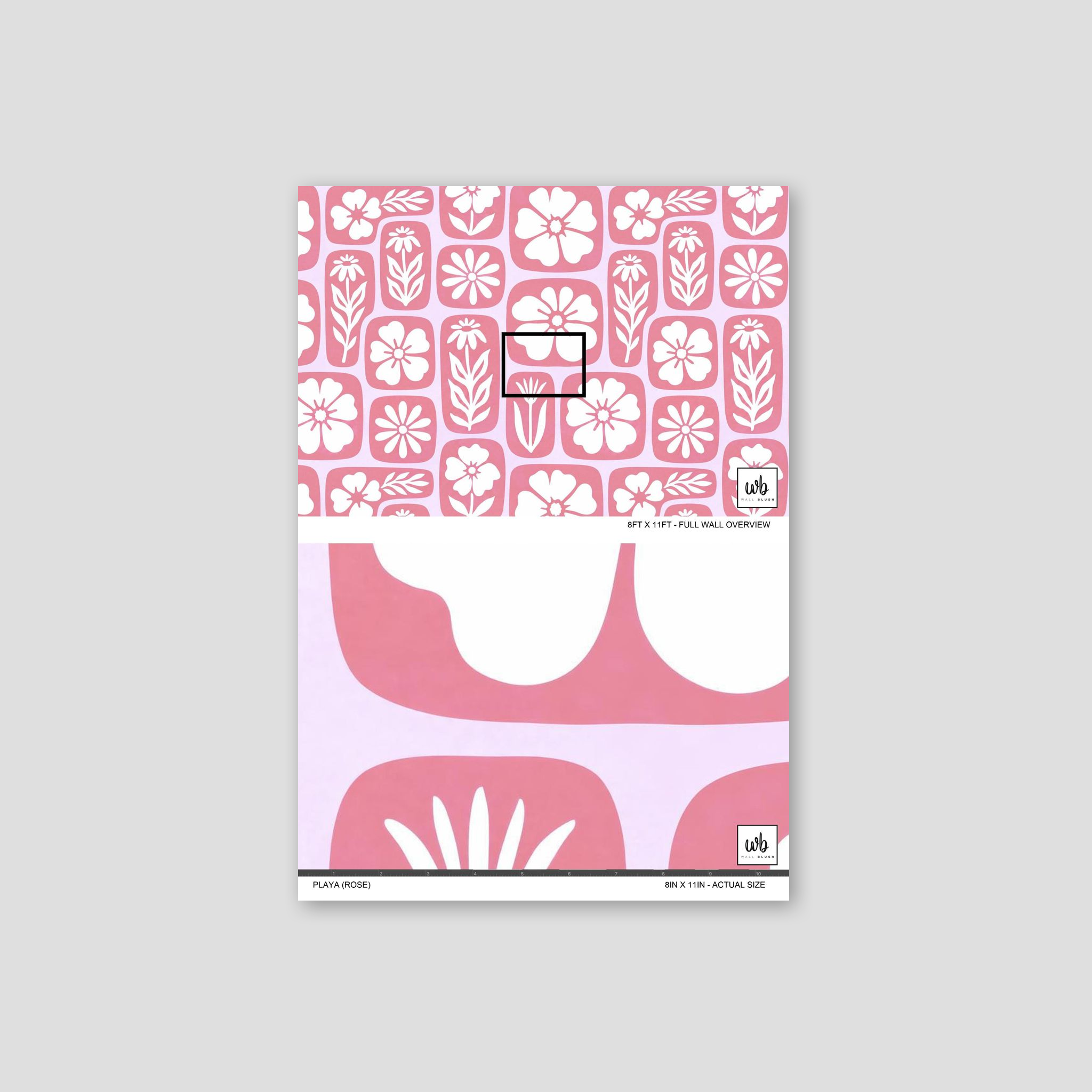 Retro-inspired pink and white floral wallpaper sample with organic motifs.