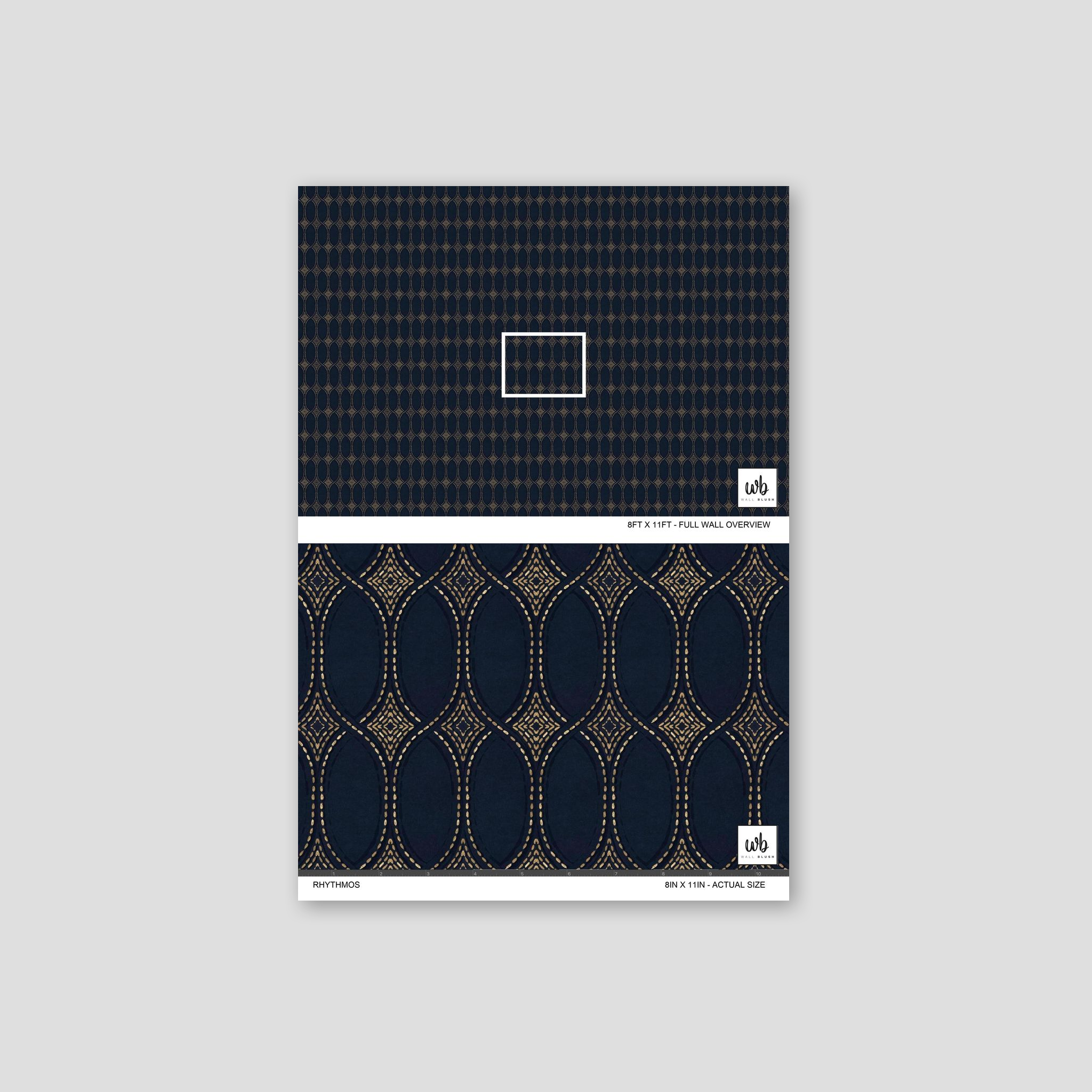 Rhythmos wallpaper with navy and gold geometric pattern sample.