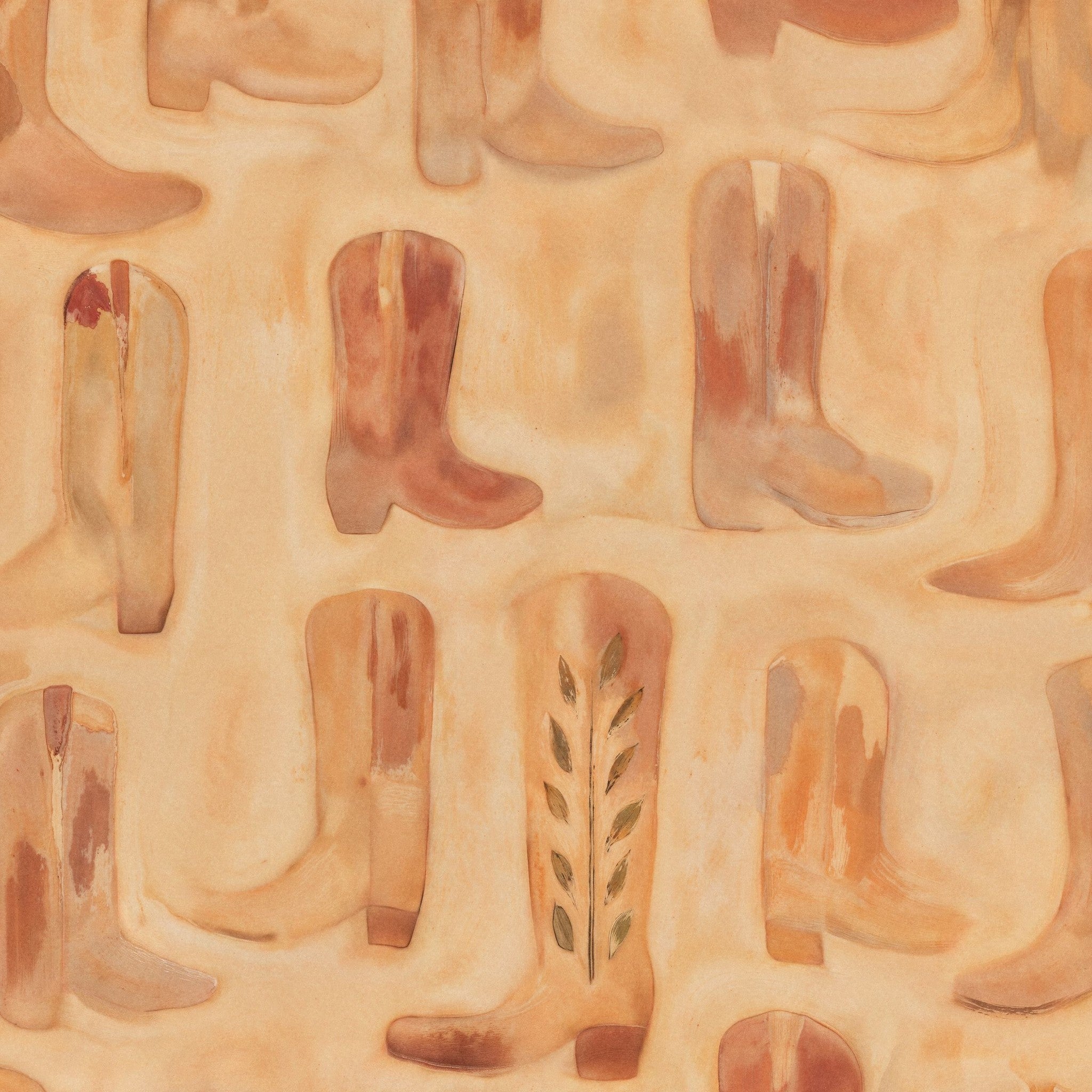 Rustic cowboy boot pattern wallpaper in terracotta and ochre hues.