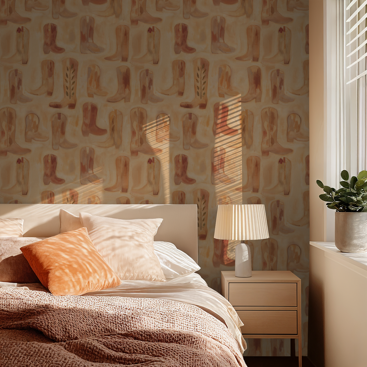 Rustic cowboy boots wallpaper in warm terracotta hues in cozy bedroom setting.