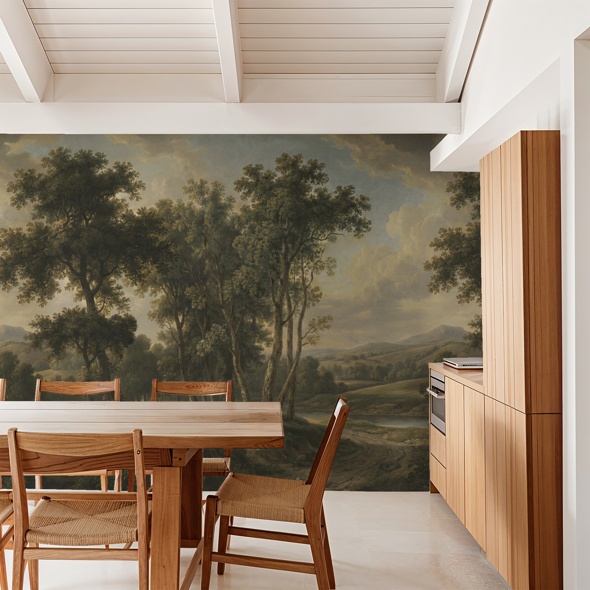 Rustic landscape wallpaper with trees and mountains in dining room setting.