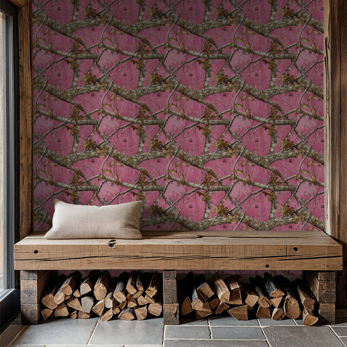 Rustic pink Realtree Edge wallpaper with branches in cozy room setting.