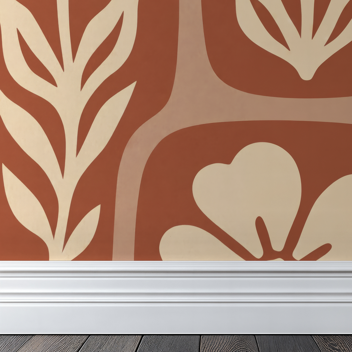Rustic terracotta wallpaper with cream floral motifs and white baseboard.