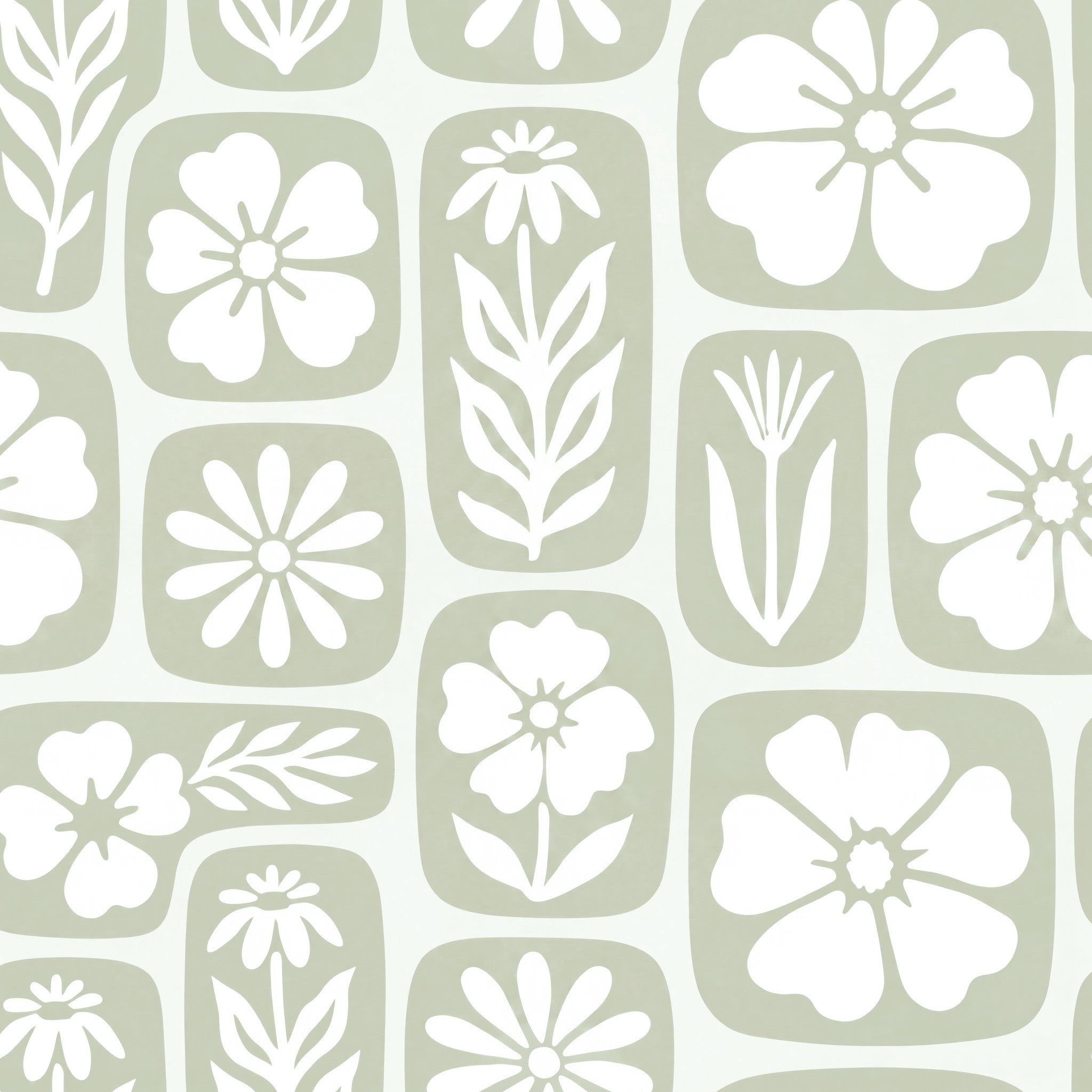 Sage green and white floral wallpaper with abstract botanical motifs.