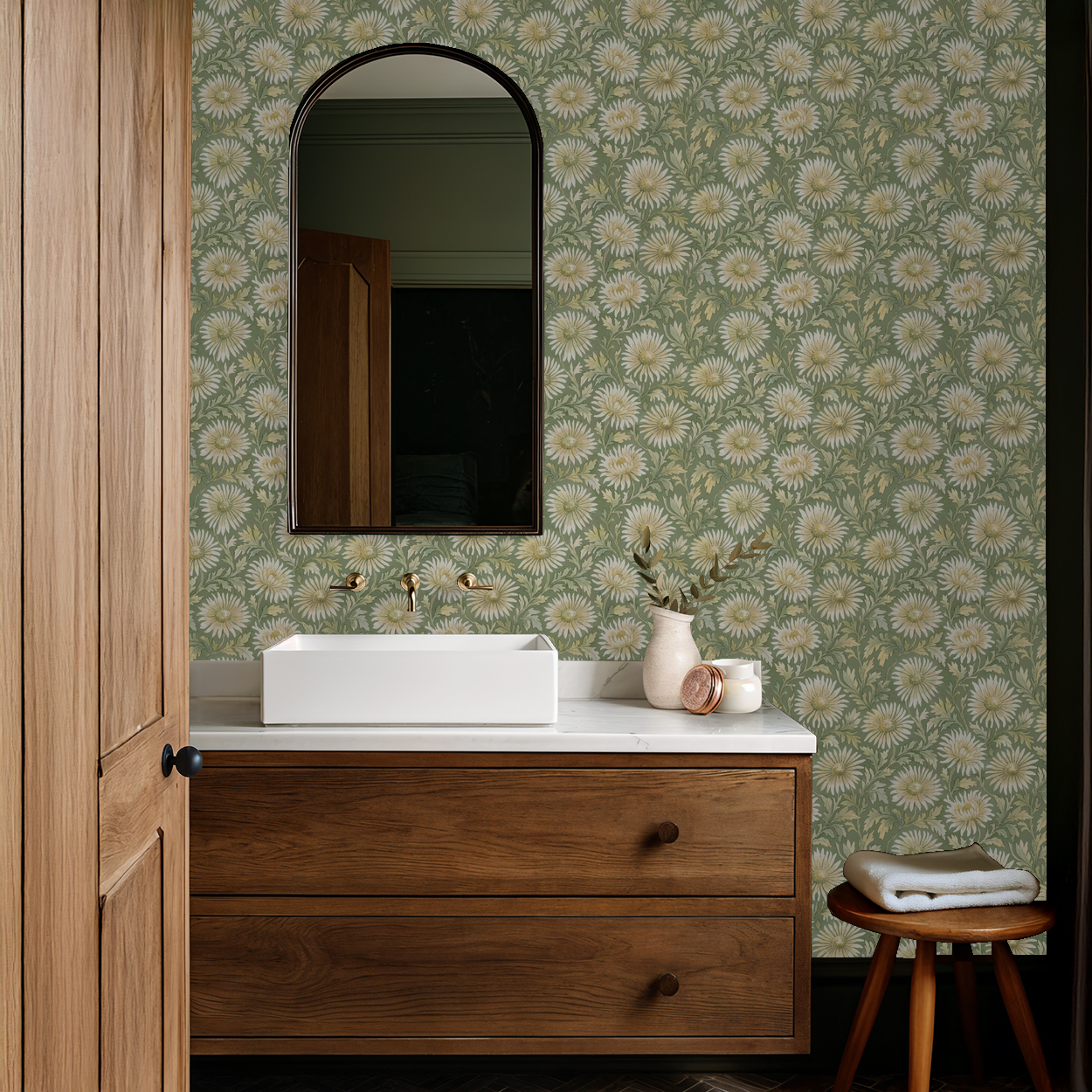Bathroom with sage floral wallpaper featuring delicate blooms and wooden vanity.
