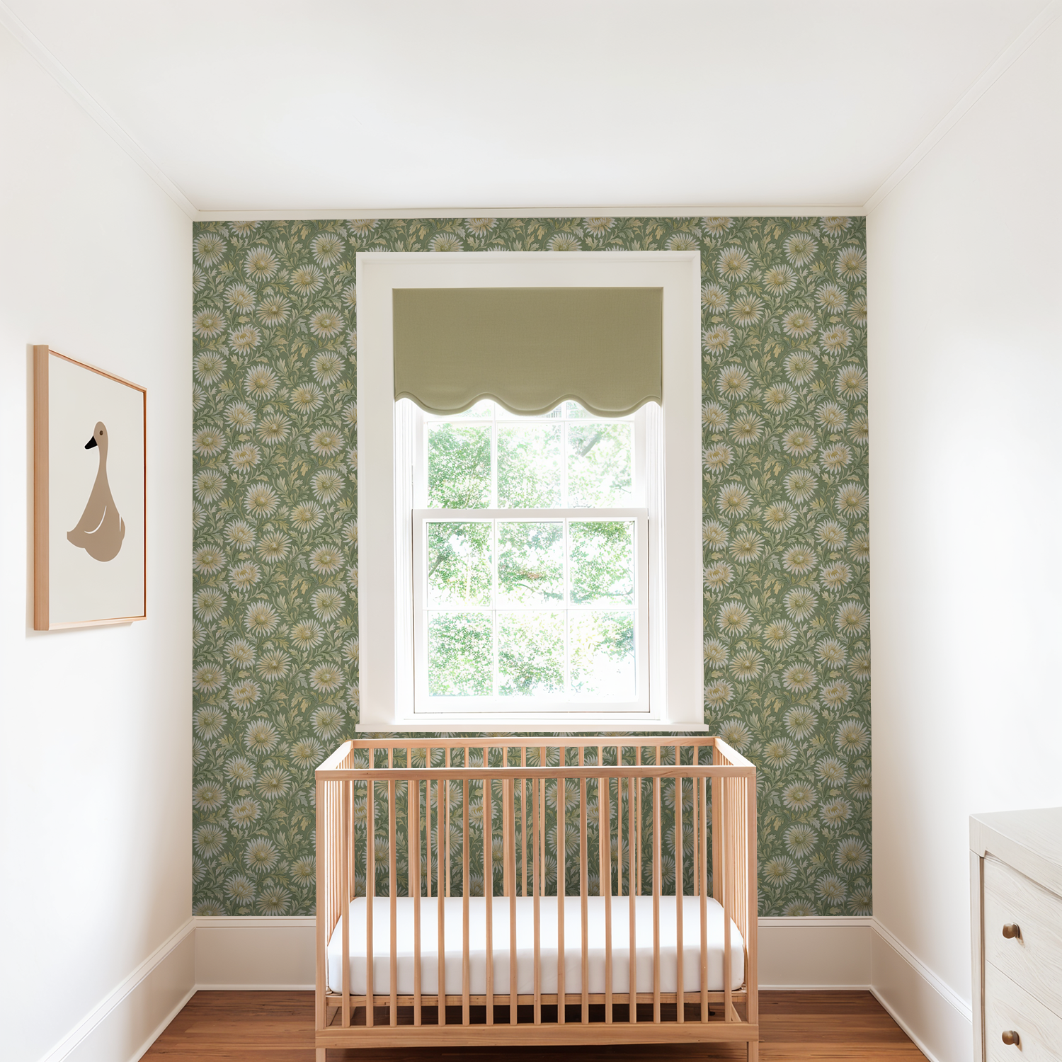Nursery with sage floral wallpaper featuring delicate blooms and a wooden crib.