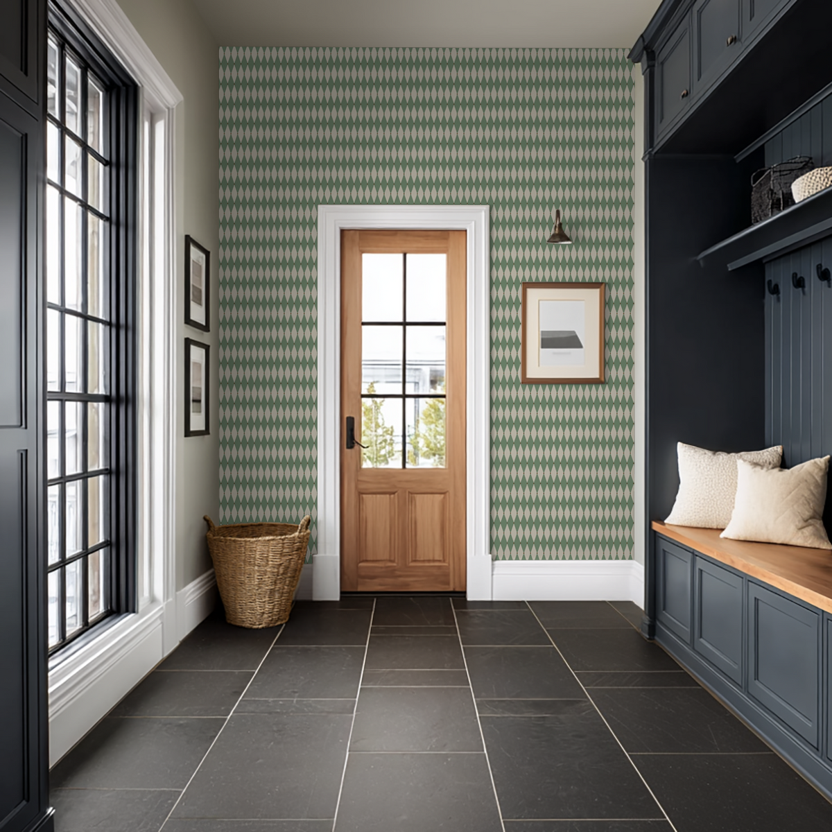 Sage green diamond pattern wallpaper in modern entryway with wooden door and bench.