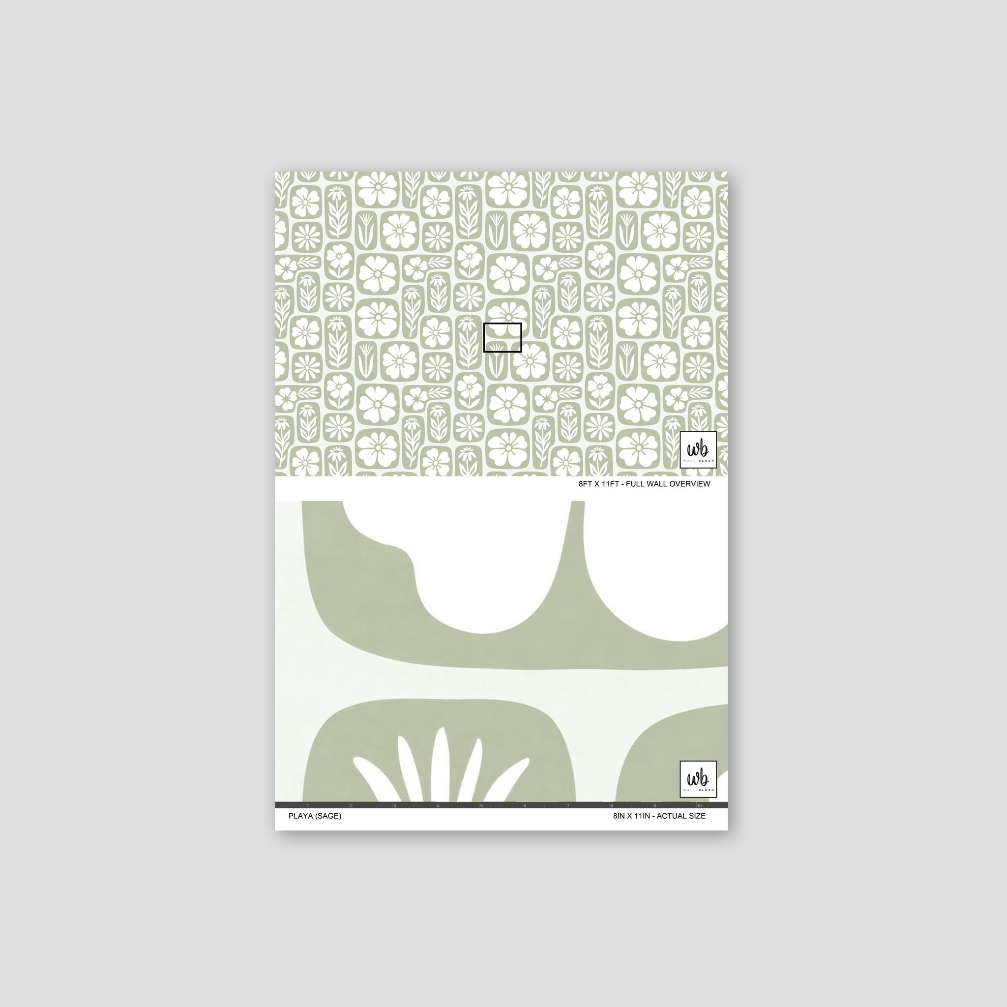 Sage green floral wallpaper with white nature-inspired motifs in a modern style.