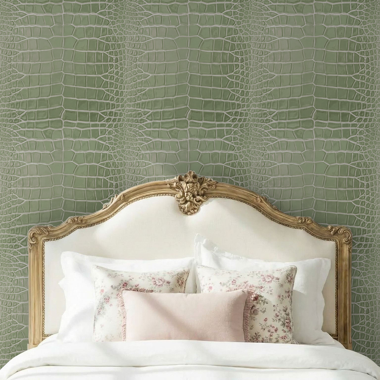 Sage green reptilian textured wallpaper in elegant bedroom with ornate headboard.