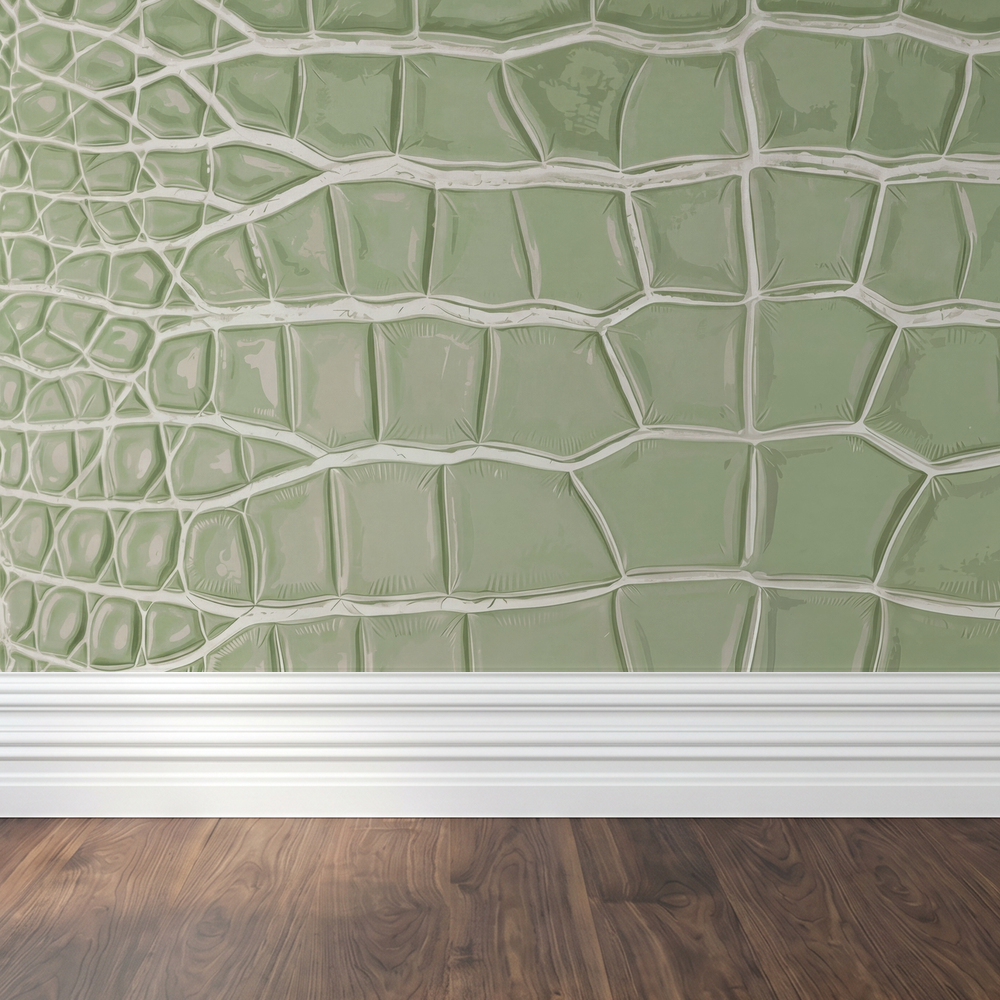 Sage green reptilian textured wallpaper in a modern room setting.