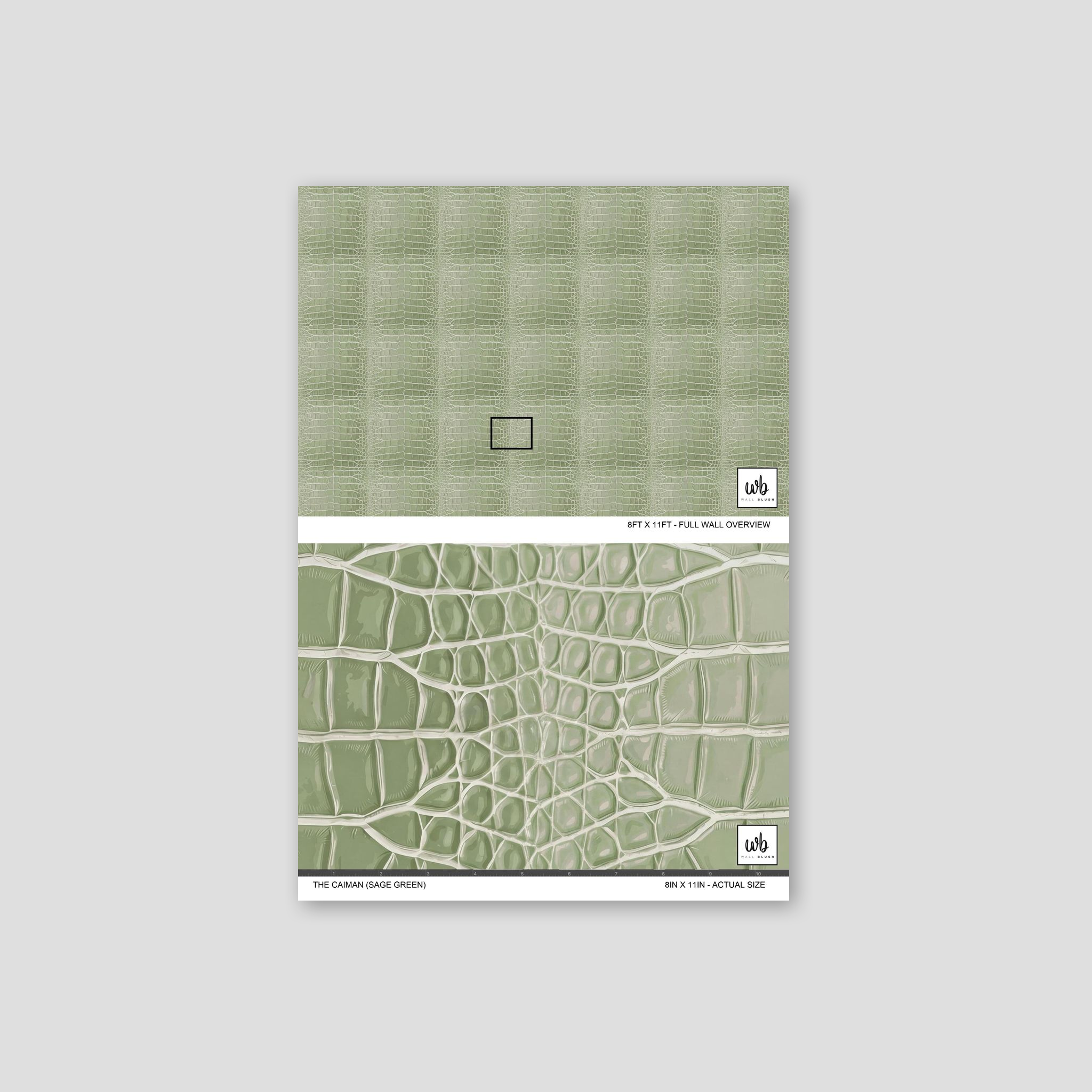 Sage green reptilian textured wallpaper with geometric pattern sample.