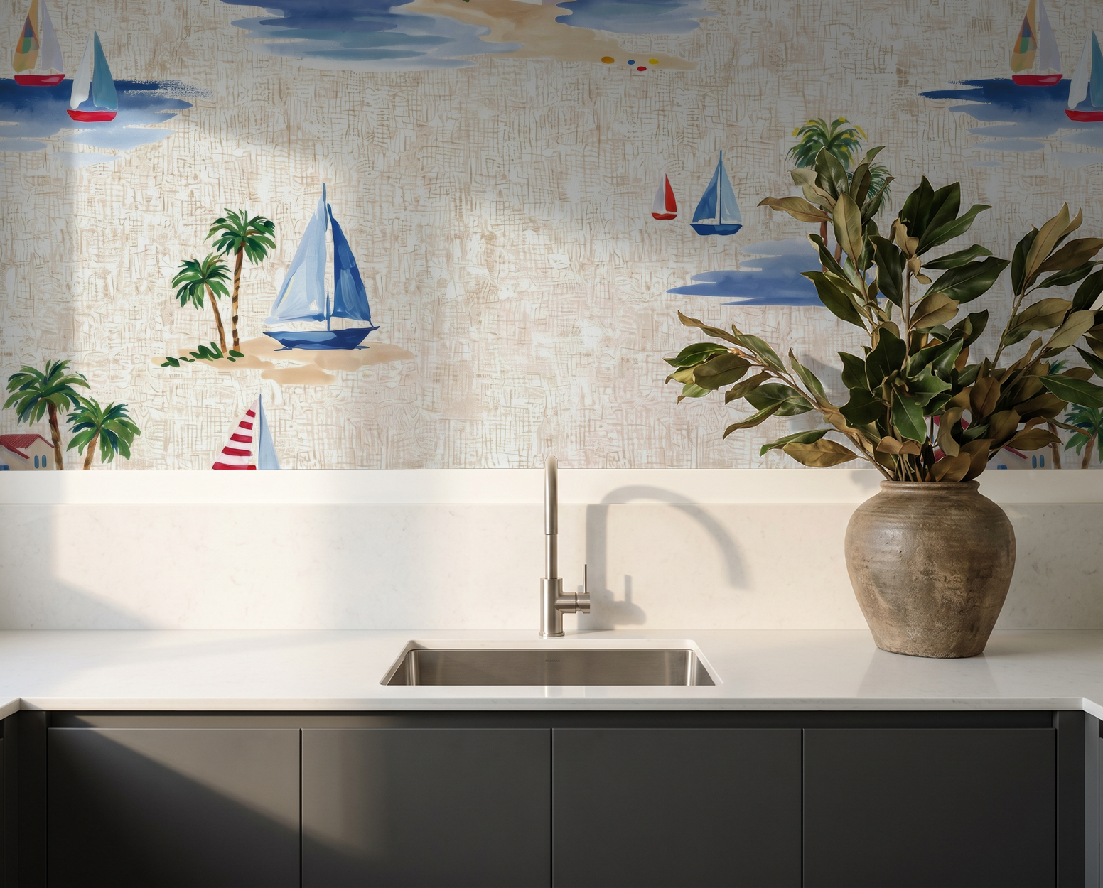 Coastal wallpaper with sailboats and palm trees above kitchen sink