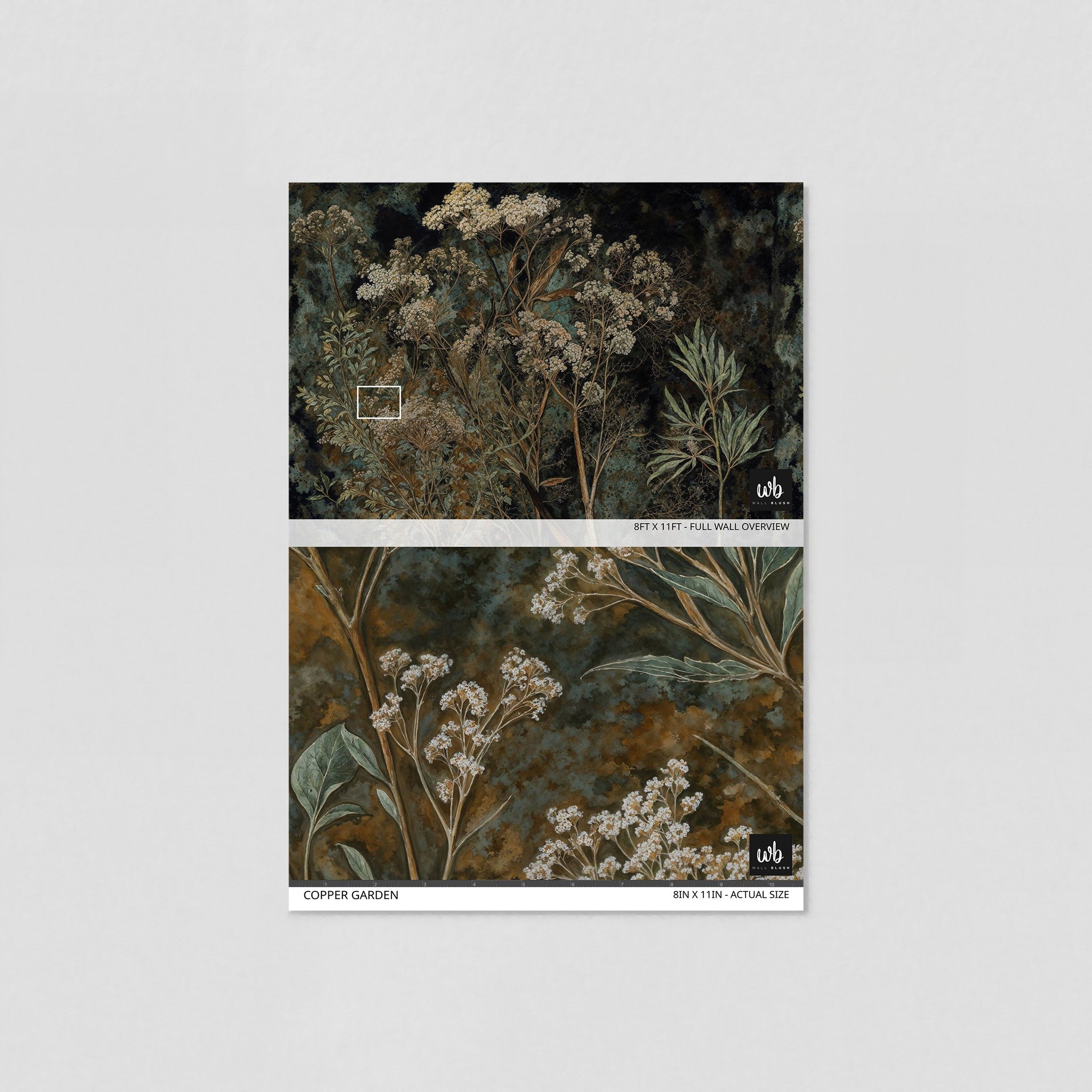 "Copper Garden Wallpaper by Wall Blush showcasing botanical design in modern living room setting, with focus on wall detail."