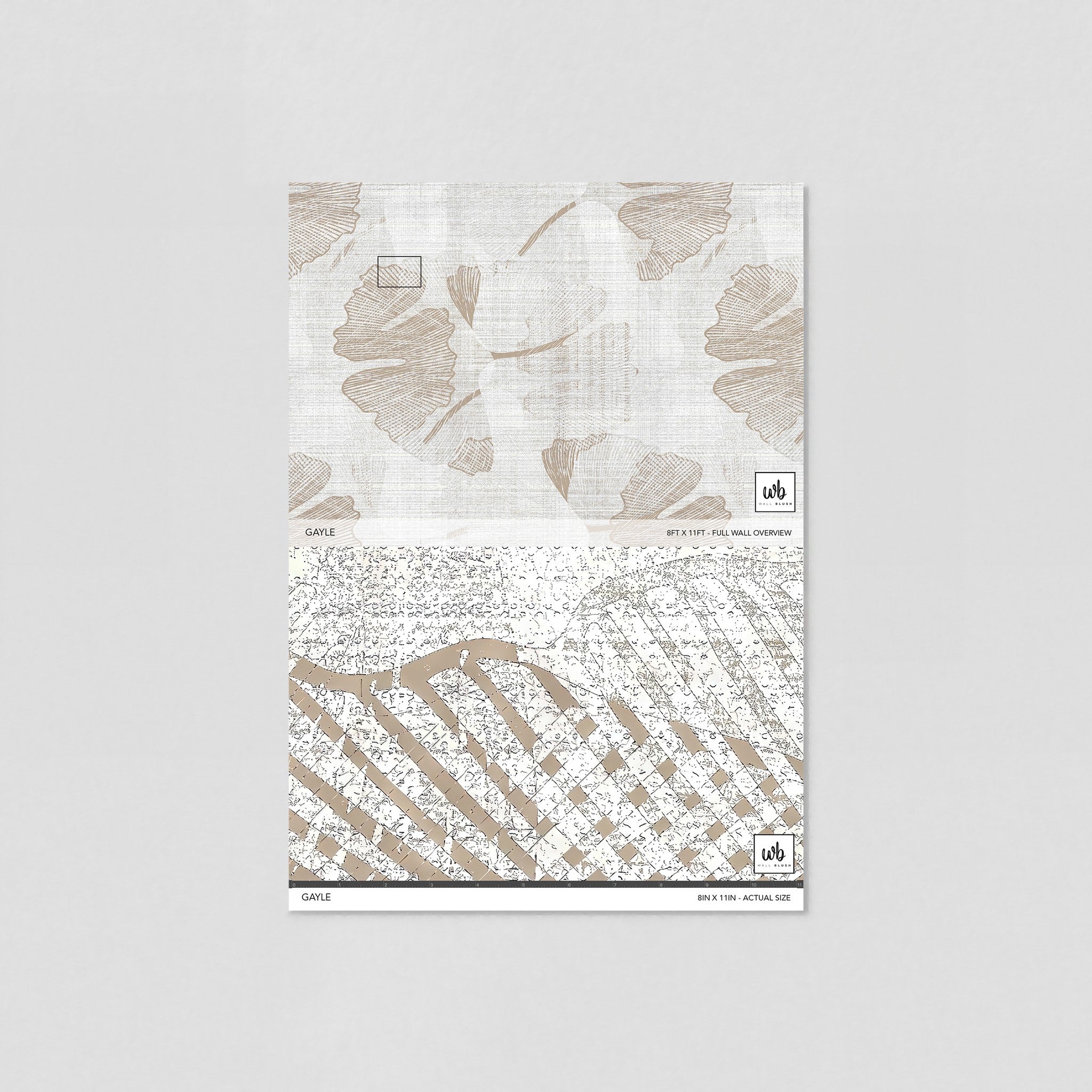 "Wall Blush 'Gayle Wallpaper' sample in neutral tones for a modern living room feature wall."