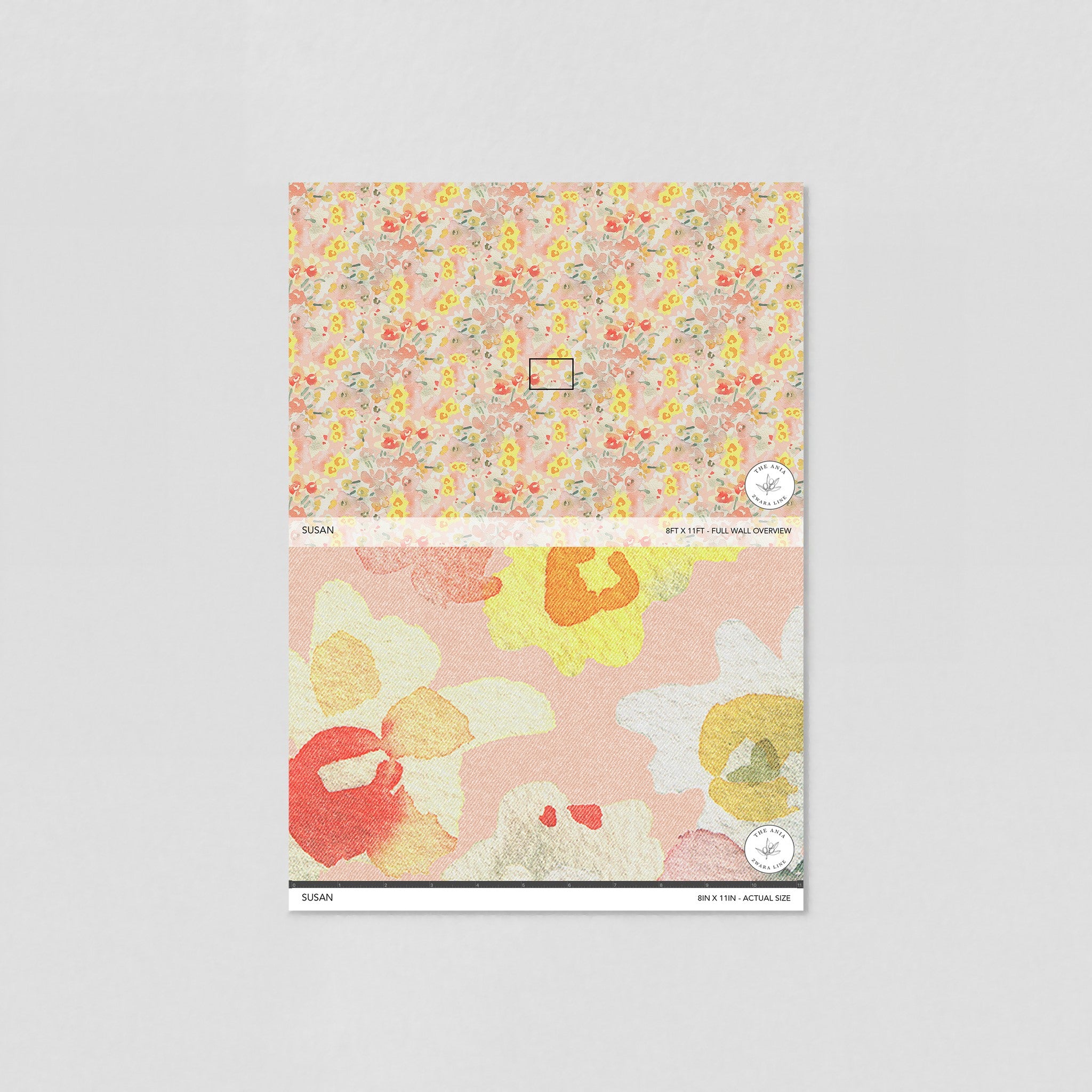 "Susan Wallpaper by Wall Blush in floral design for bedroom ambiance, showcasing full wall and actual size sample."