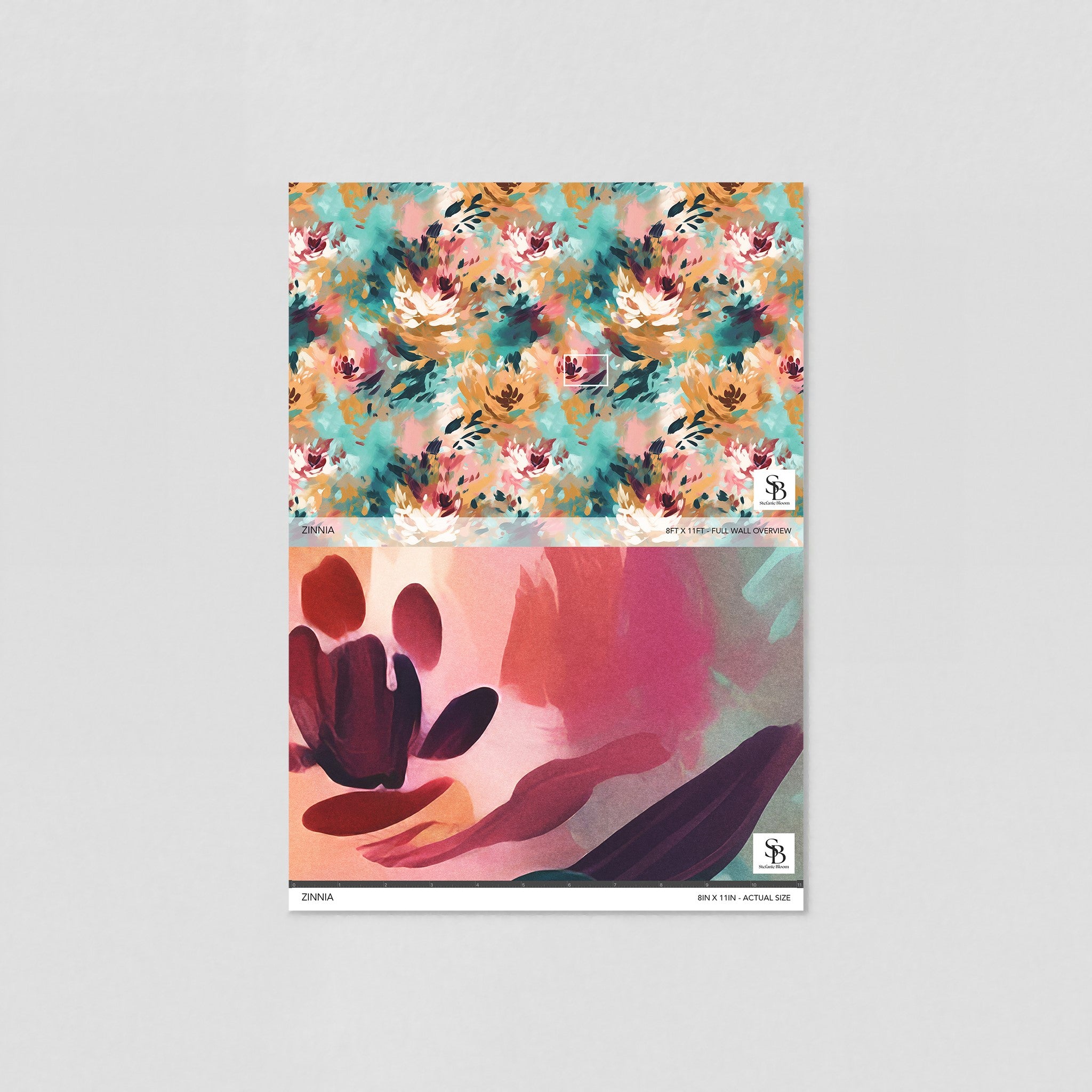 "Zinnia Wallpaper by Wall Blush in a contemporary living room setting, showcasing floral design and vibrant colors."
