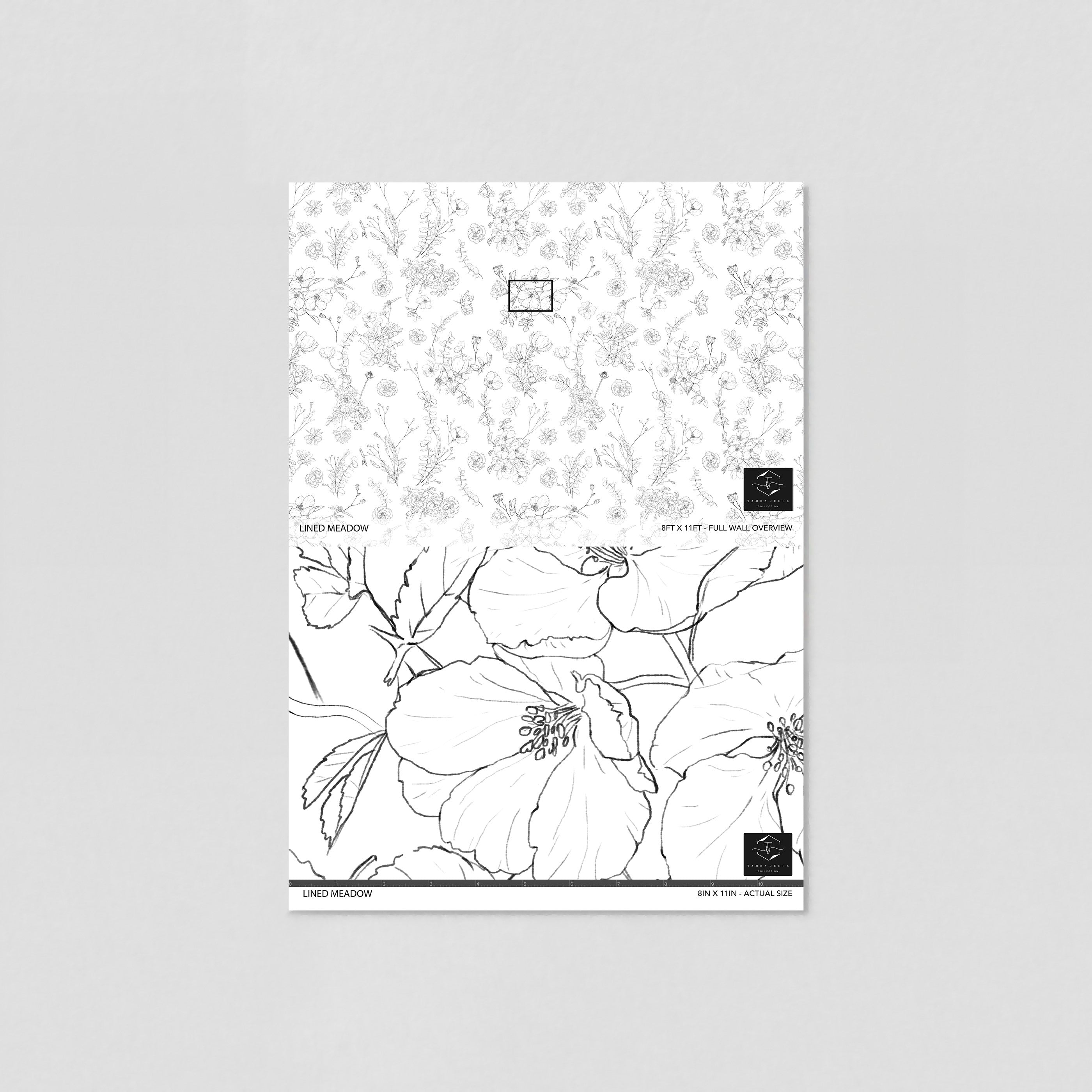 "Lined Meadow Wallpaper by Wall Blush in a modern living room setting, highlighting elegant floral patterns."