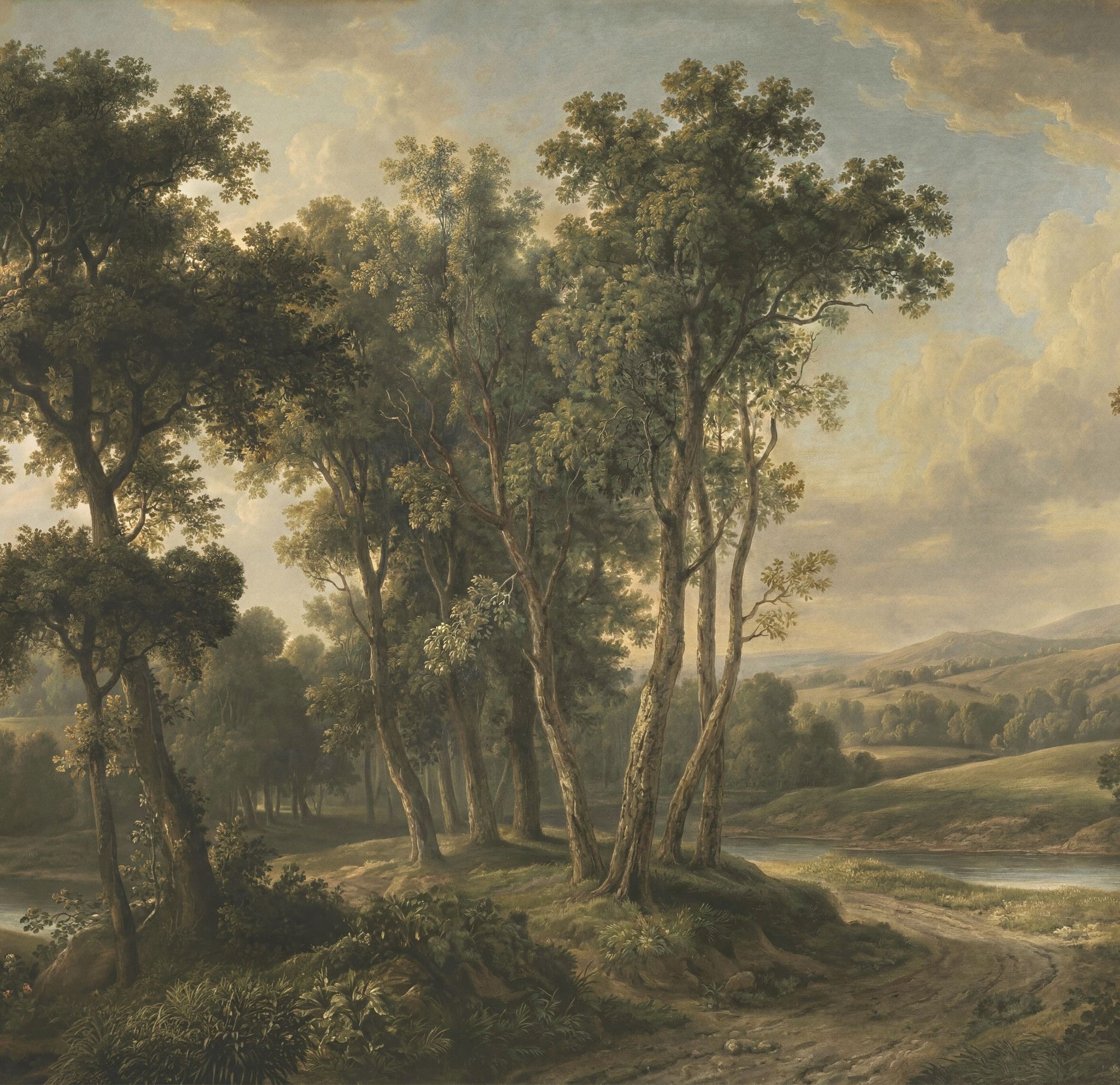 Serene landscape wallpaper with trees, river, and mountains in muted greens and earth tones.
