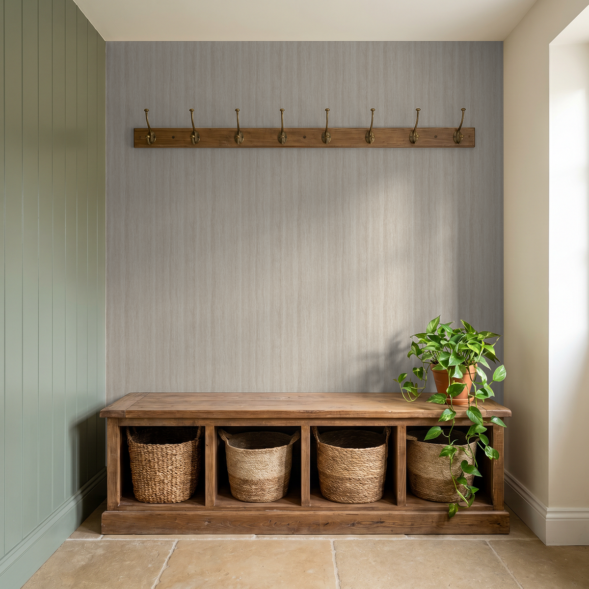 Serene Streaks wallpaper in beige and cream with wood bench and plant in entryway.