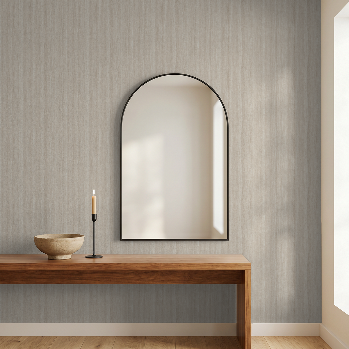 Serene Streaks beige textured wallpaper in modern room with mirror and wooden table.