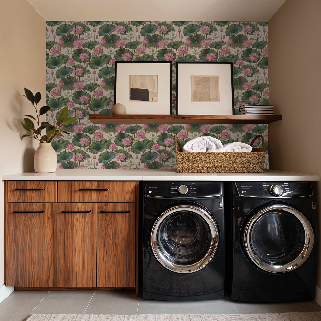 Laundry room with Shiga floral wallpaper featuring lotus flowers and green leaves.