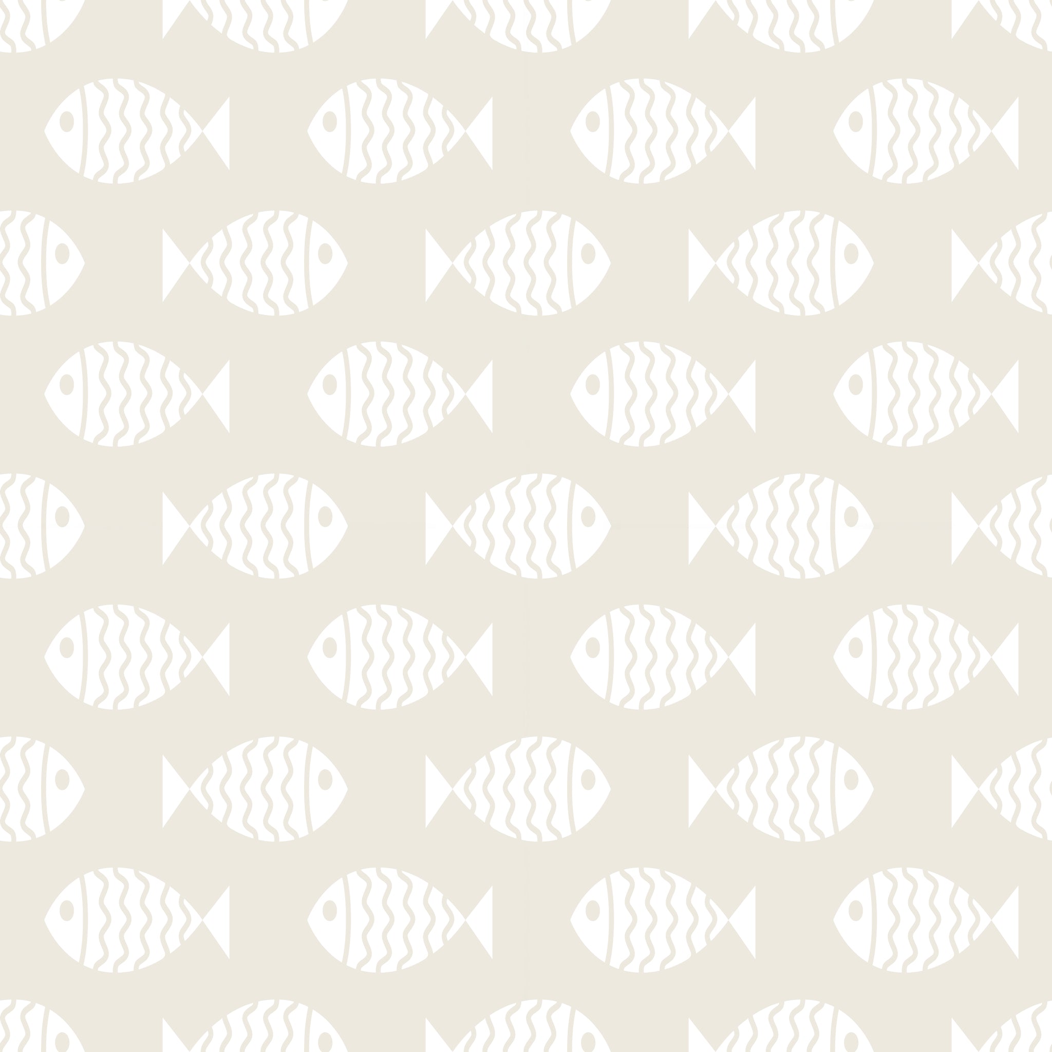 "Keep Swimming Wallpaper by Wall Blush in a stylish bathroom, featuring a pattern of white fish on a beige background."