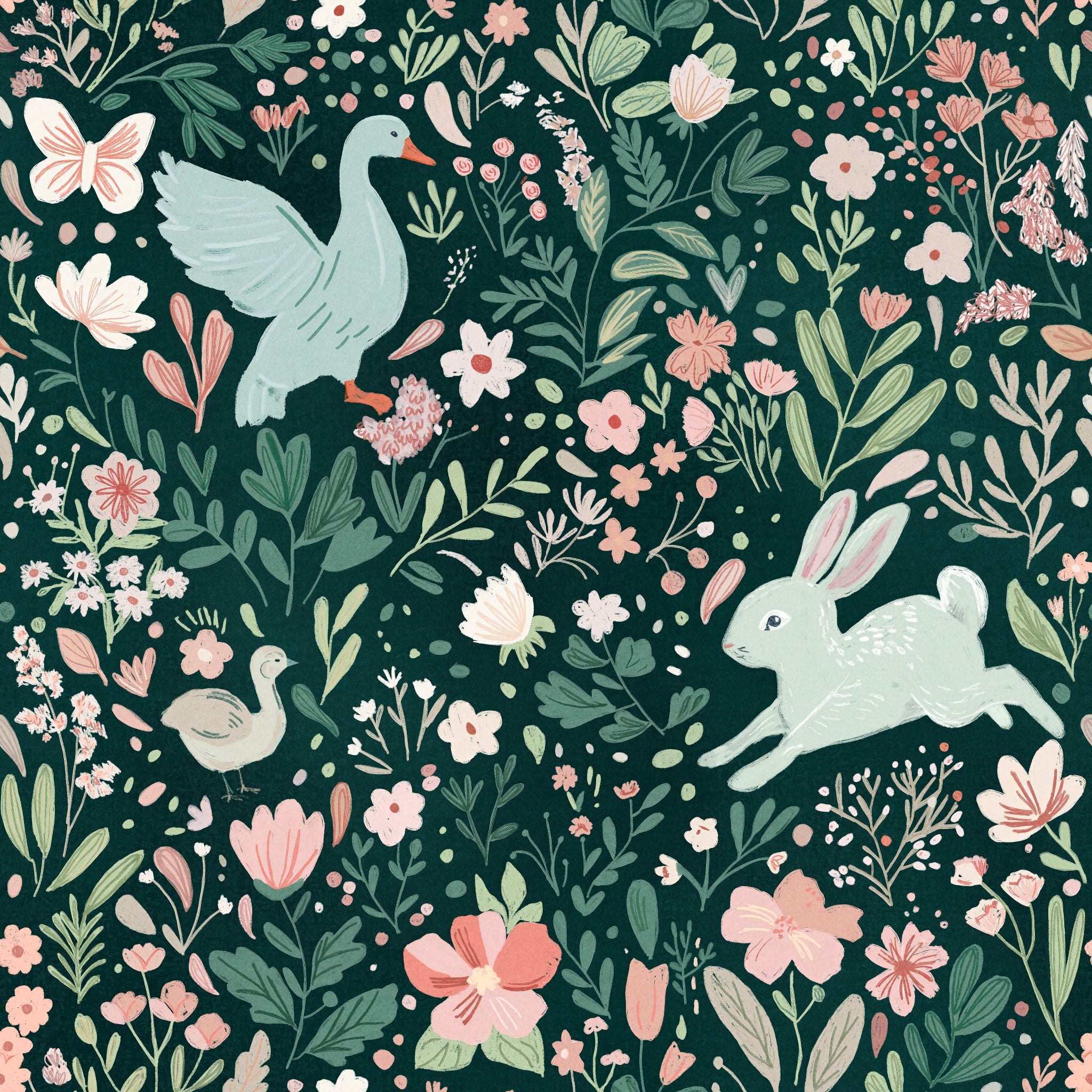 "Wall Blush's Wildwood Friends Wallpaper in a nursery room, featuring whimsical animal and floral patterns, green background."